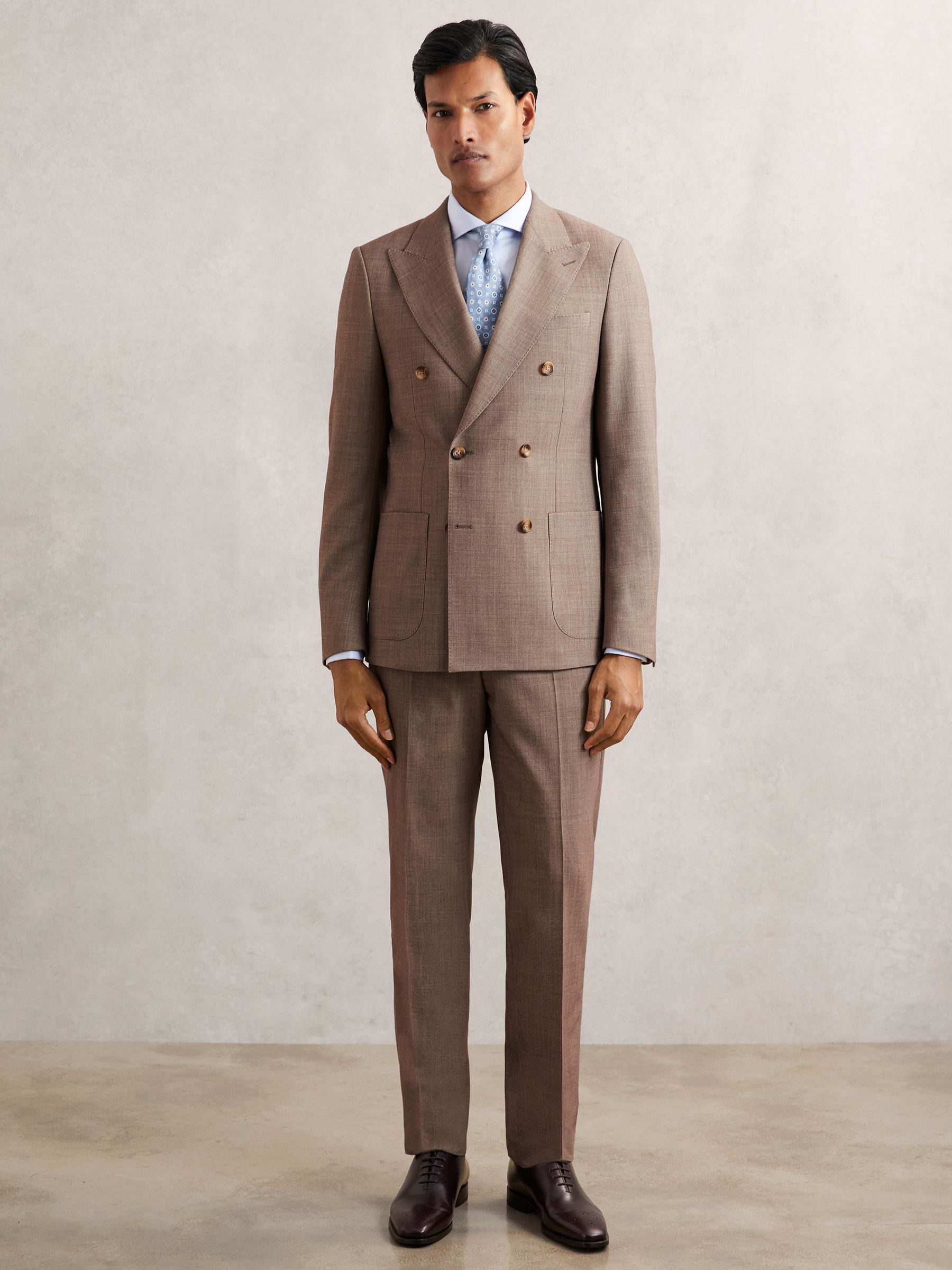 Double-Breasted Textured Suit Blazer Slim-Fit With Wool in Stone