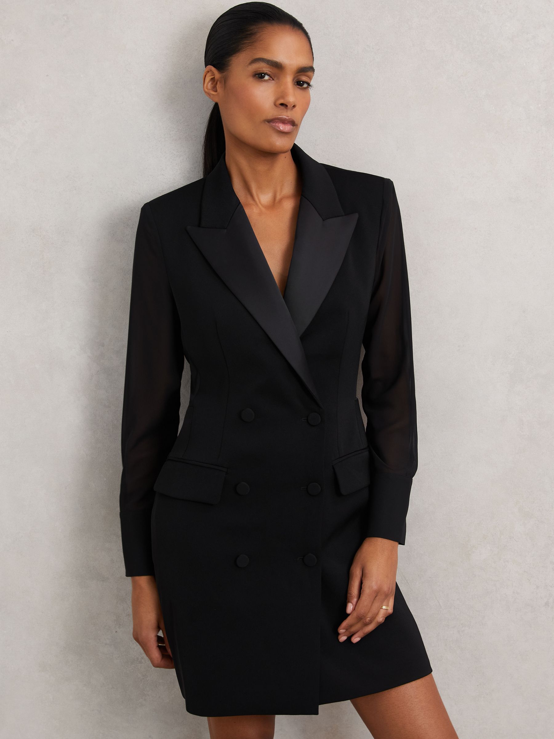 Sheer-Sleeve Tuxedo Mini Dress in Black