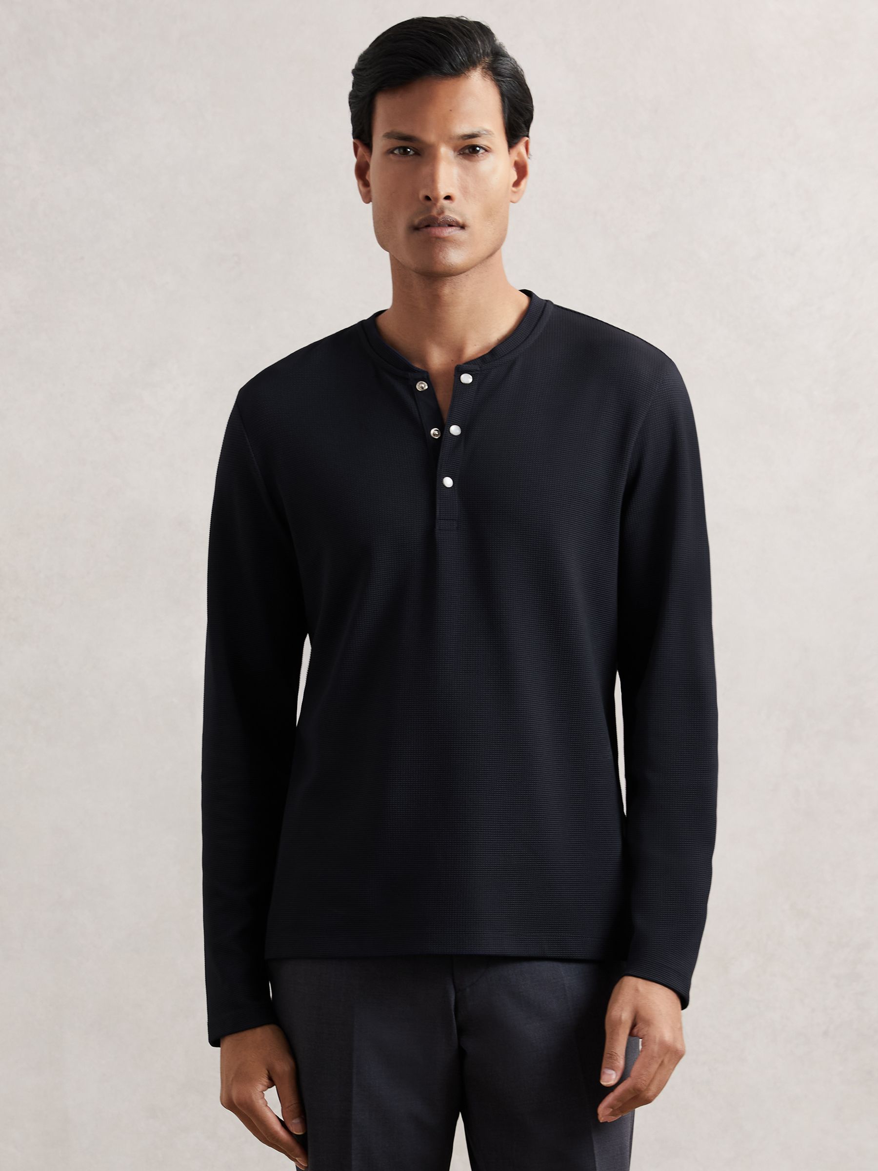 Textured Grandad-Collar Henley Shirt in Navy
