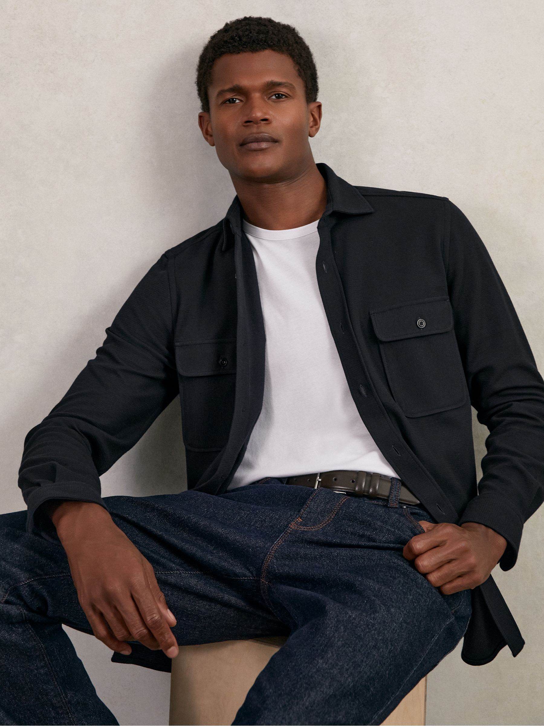 Textured Twin Pocket Cotton Blend Overshirt in Navy