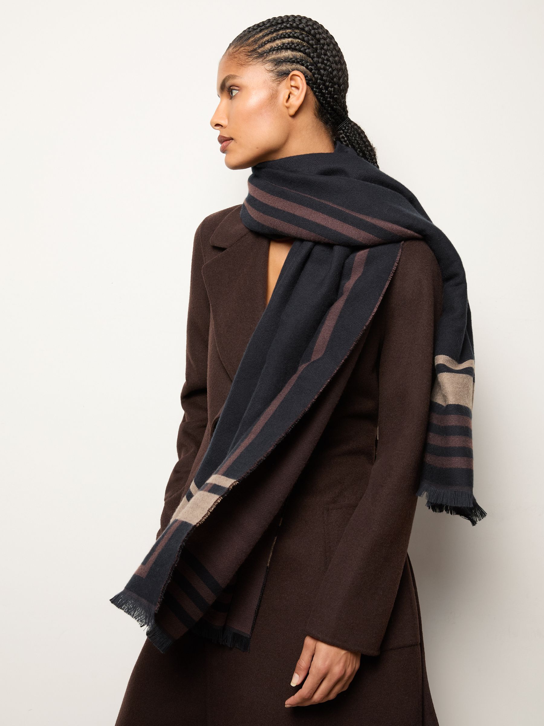 Border Stripe Fringed Scarf in Navy