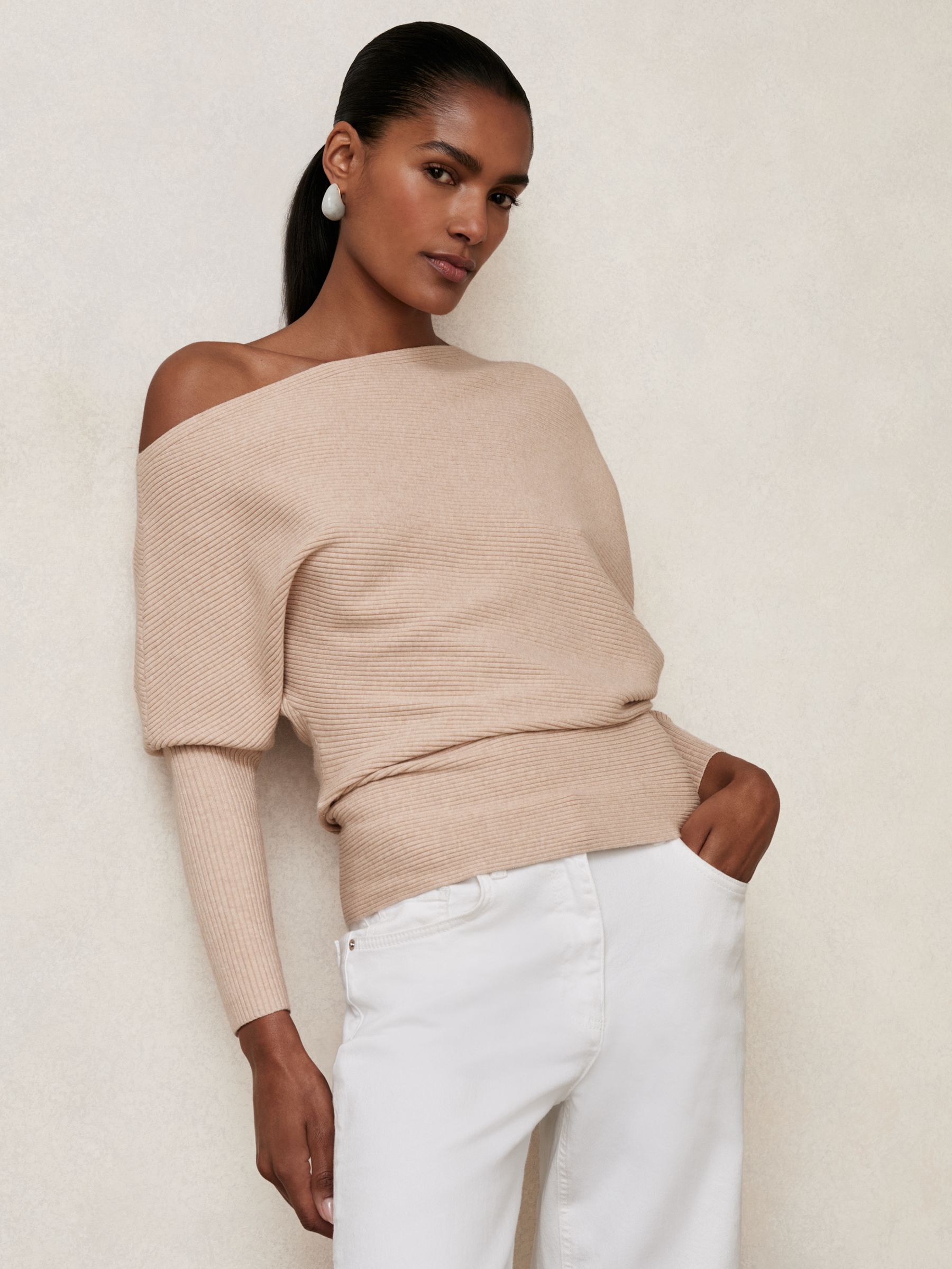 Asymmetric Draped Knitted Jumper in Oatmeal Neutral