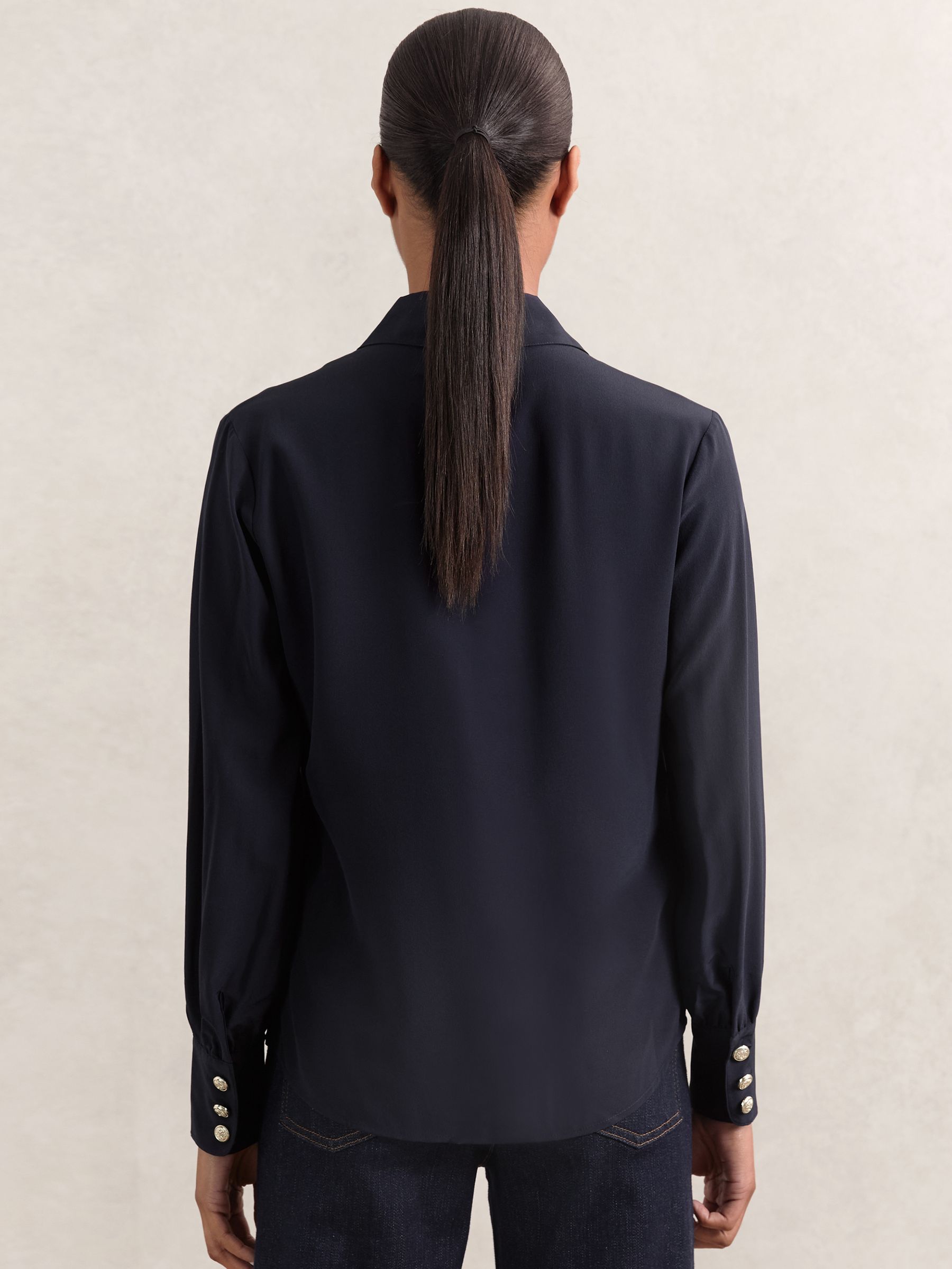Silk Embossed-Button Shirt in Navy