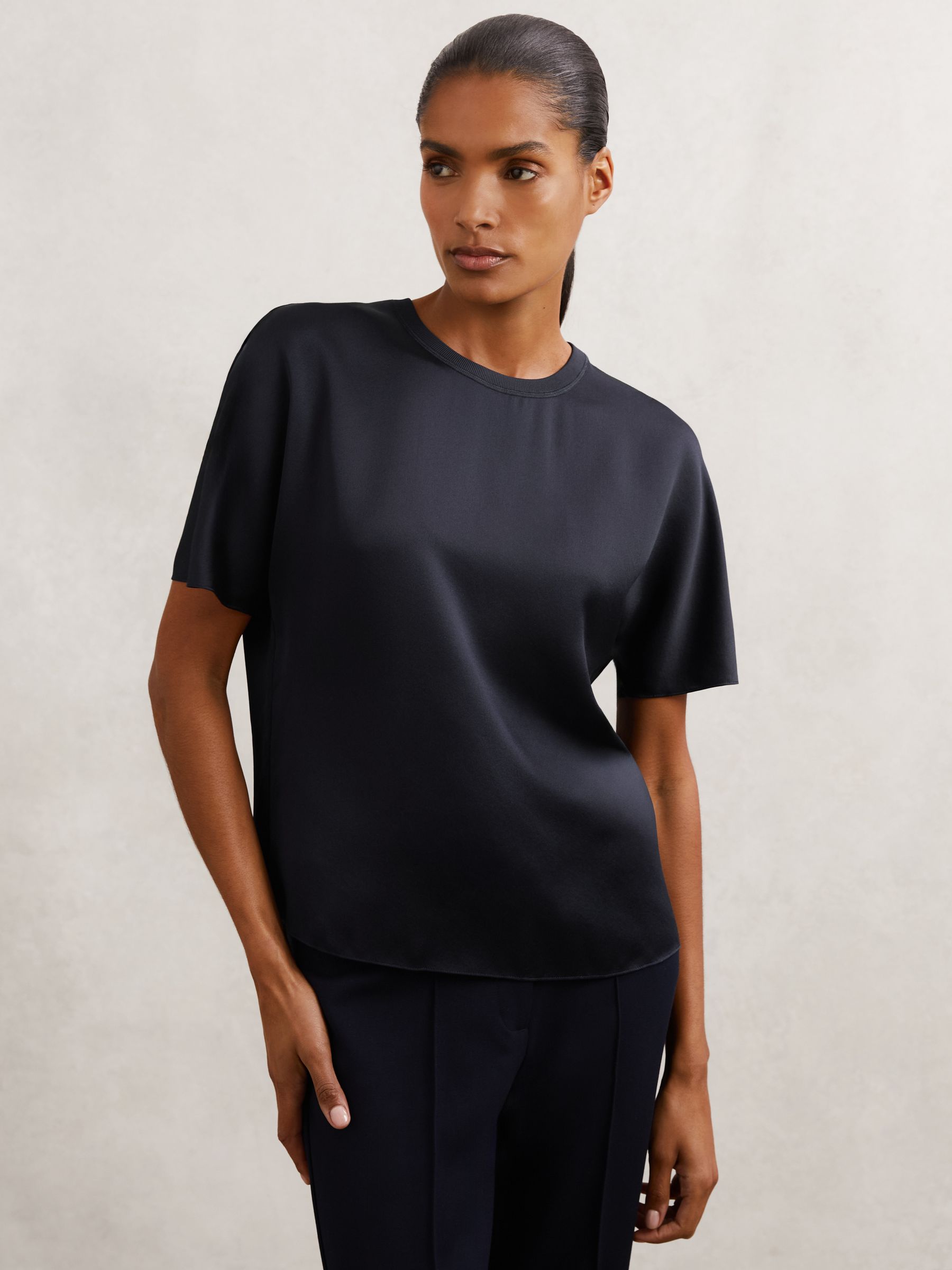 Silk Short-Sleeve Top in Navy