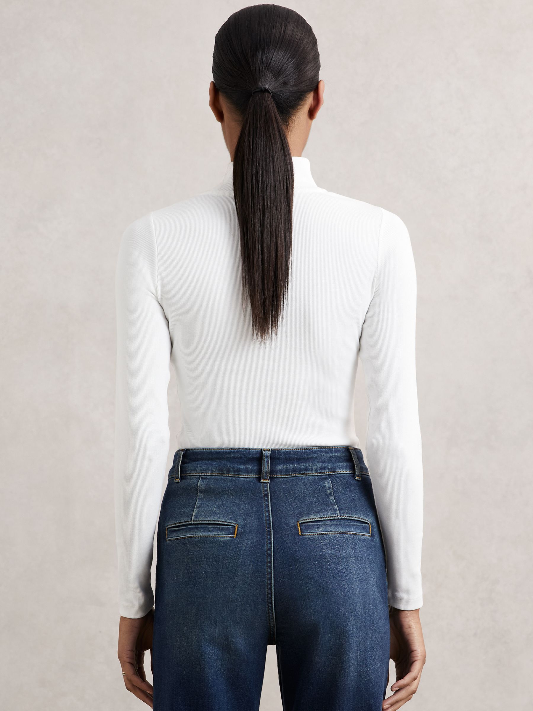 Stretch-Cotton Funnel-Neck Top in White