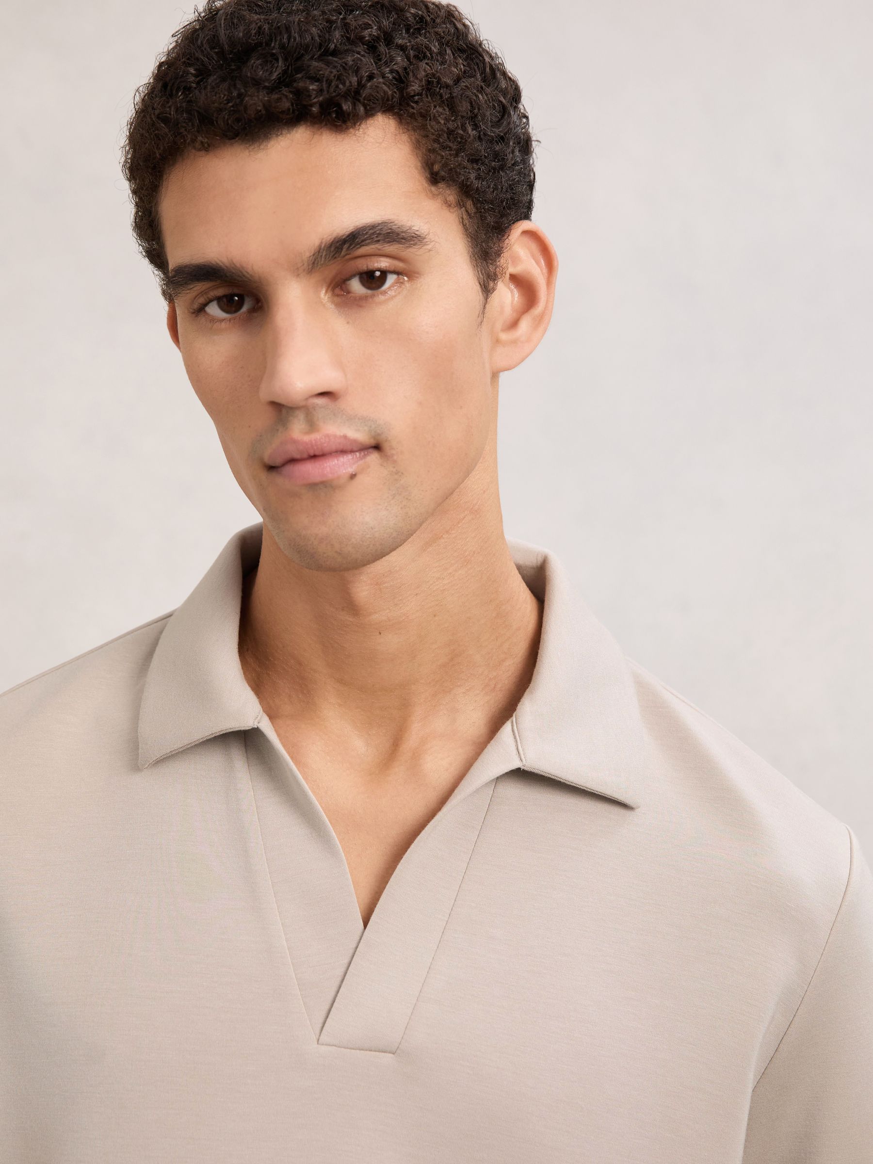 Interlock Open-Collar Polo Sweatshirt in Stone