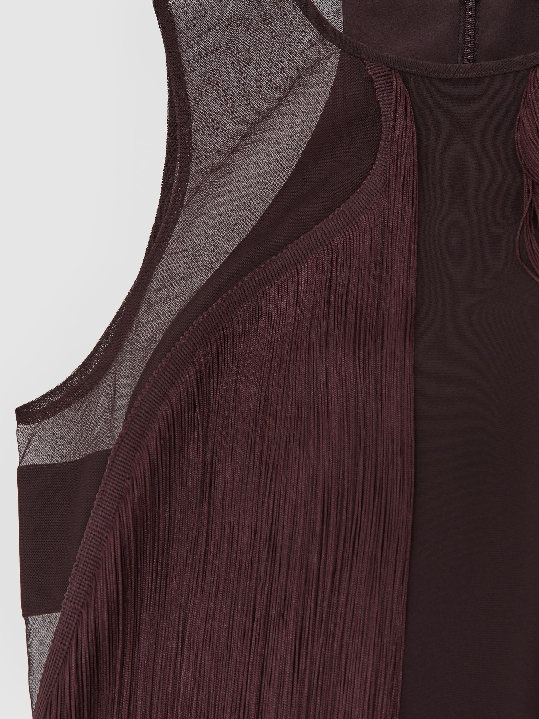 Fringe-Detail Sheer-Panel Mini Dress in Burgundy