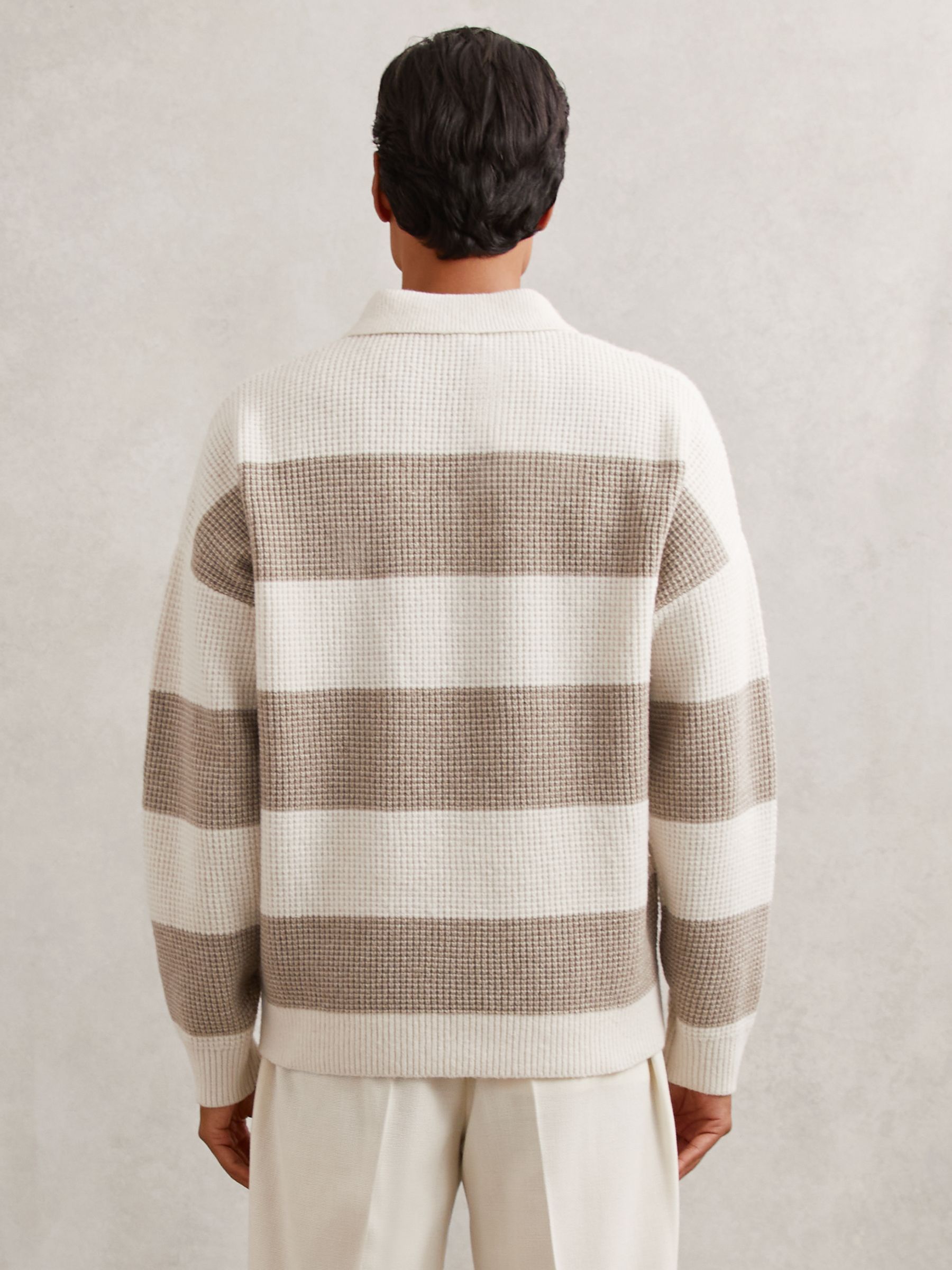 Waffle-Knit Stripe Half-Button Jumper with Wool in Off White/Putty