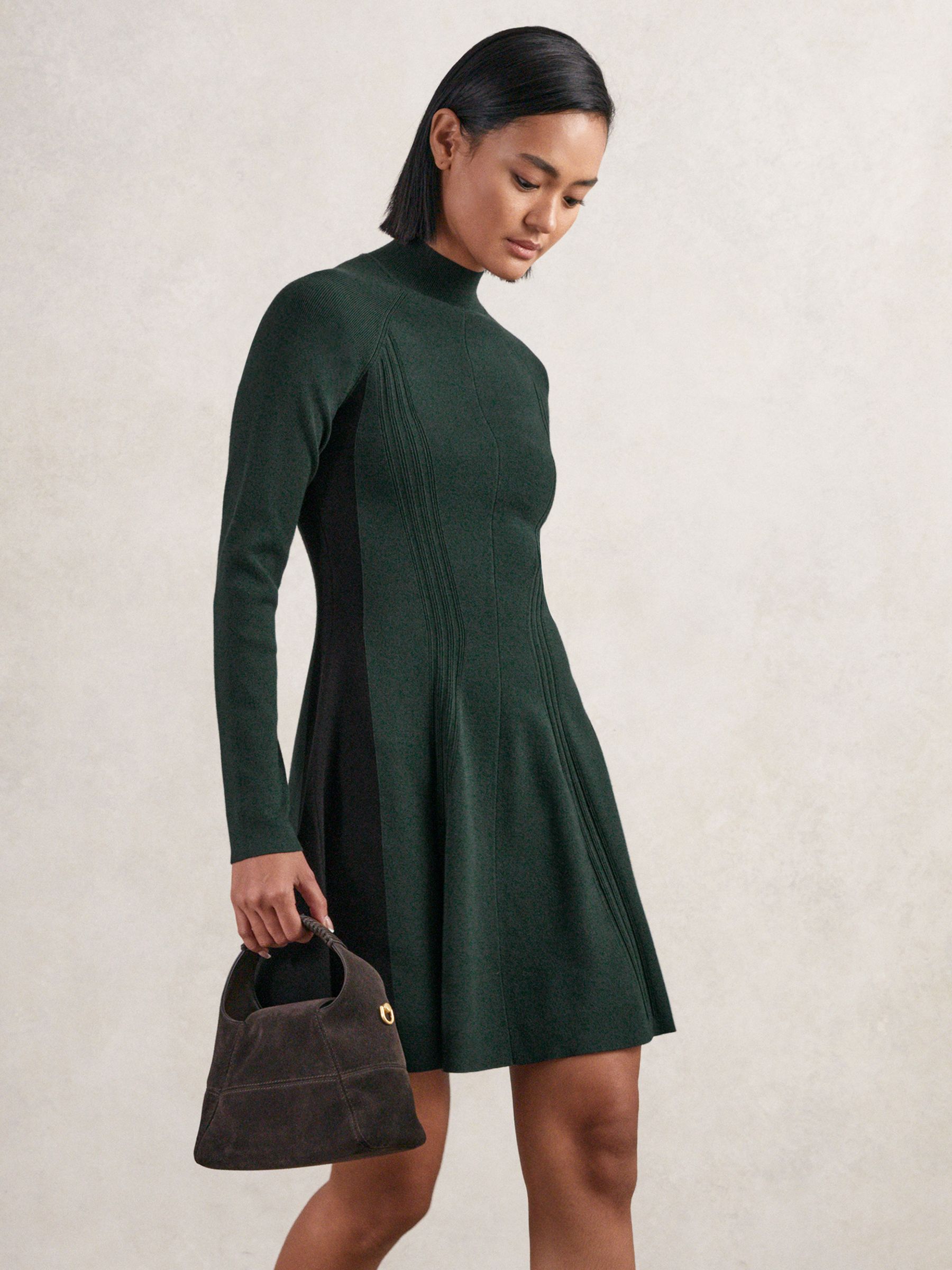 Knitted Contrast-Panel Skater Dress in Green/Black