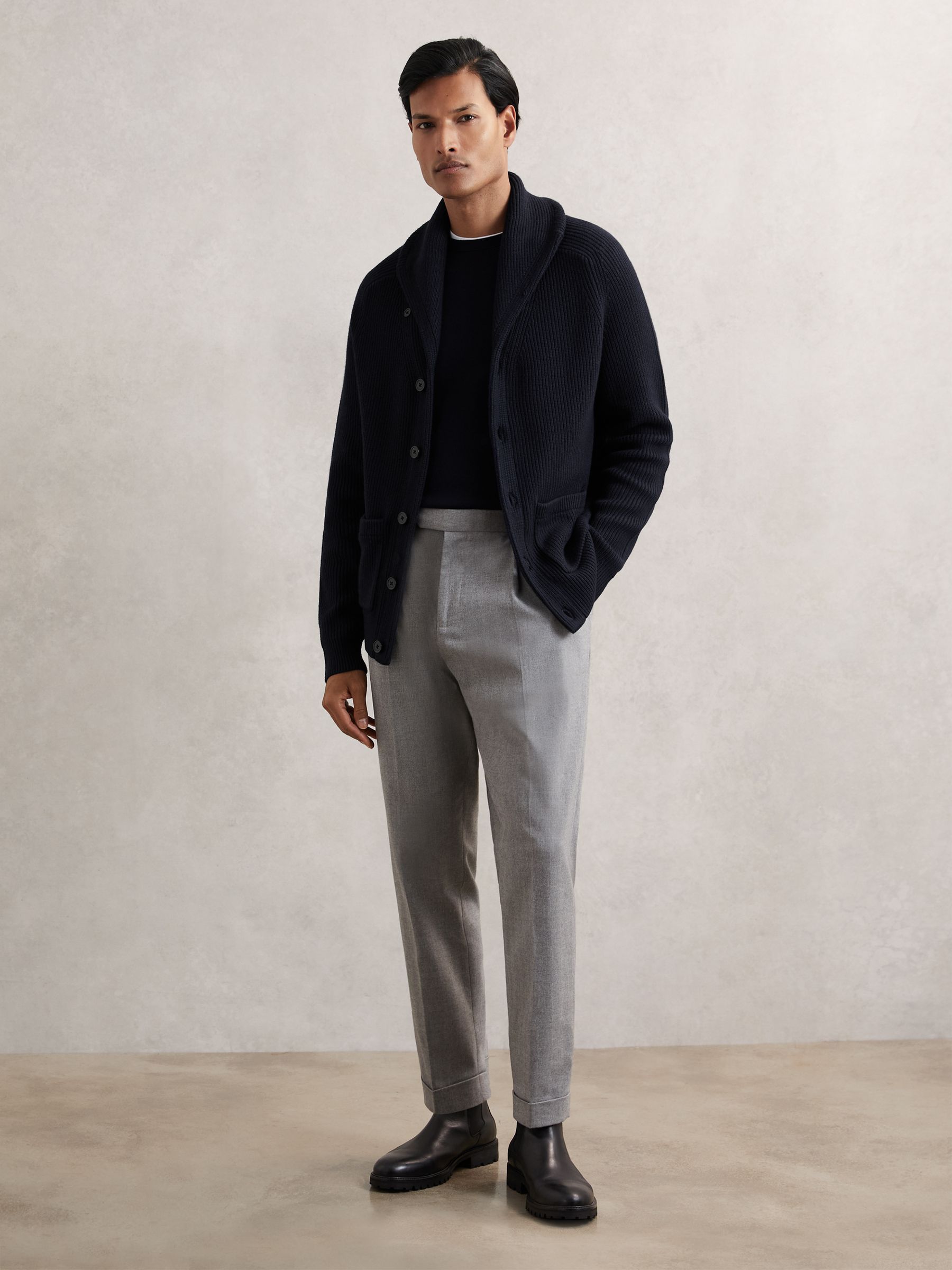 Shawl-Collar Cardigan With Wool in Navy