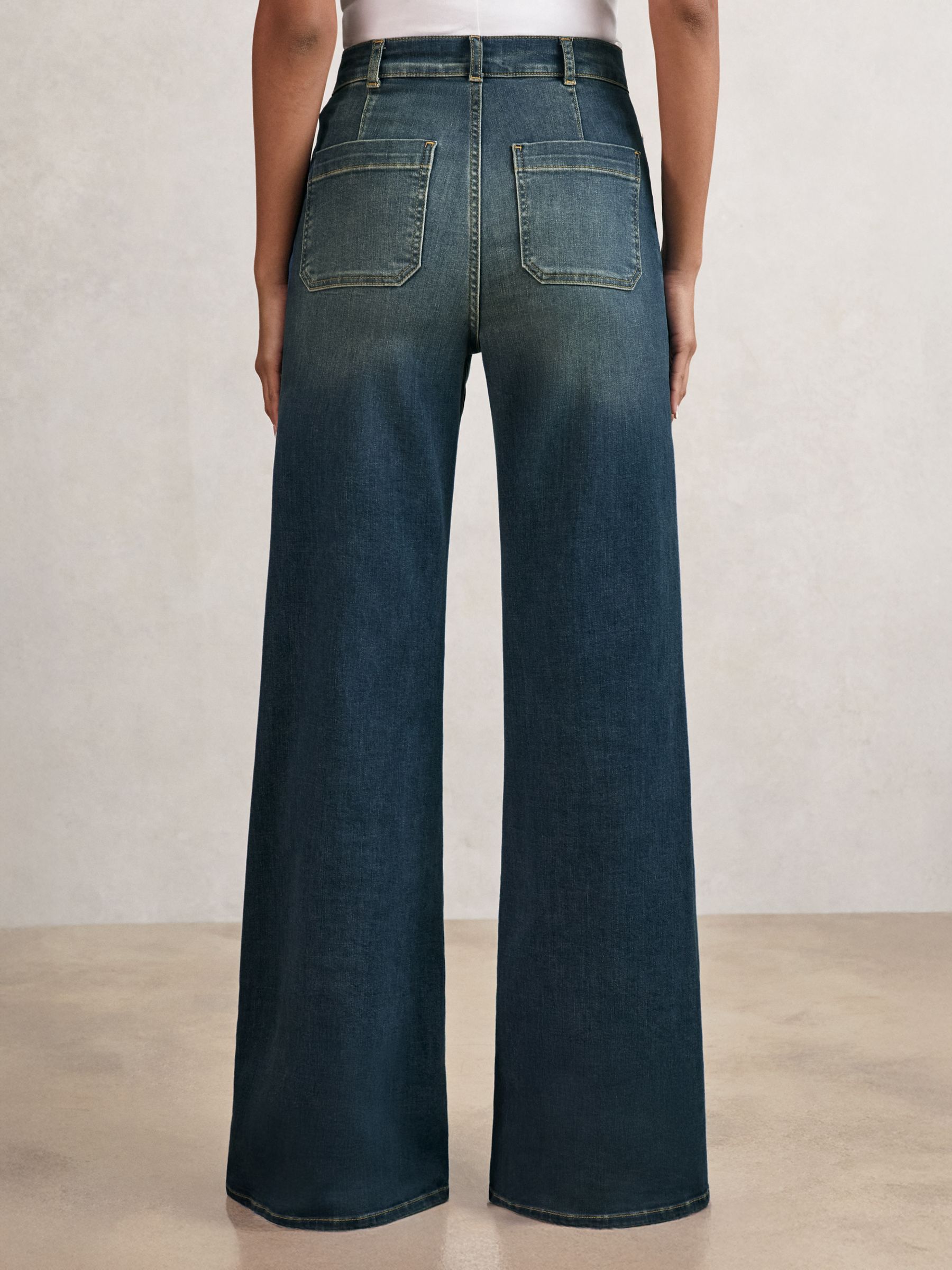 Petite Patch-Pocket Flared Jeans in Mid Blue