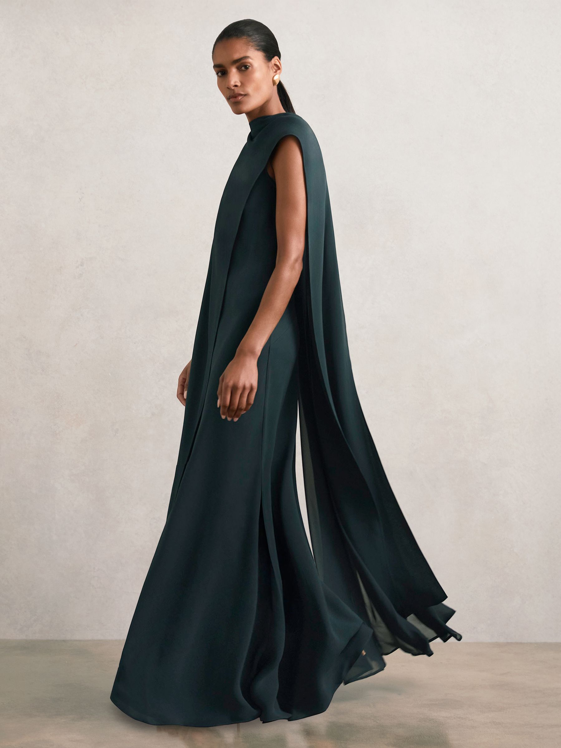Petite Crepe Cape Maxi Dress in Teal Green