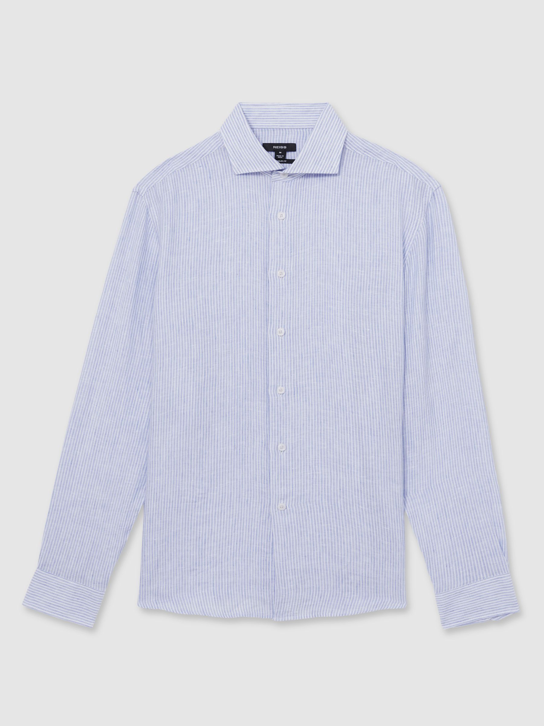 Linen Stripe Long-Sleeve Shirt in Soft Blue/White Fine Stripe