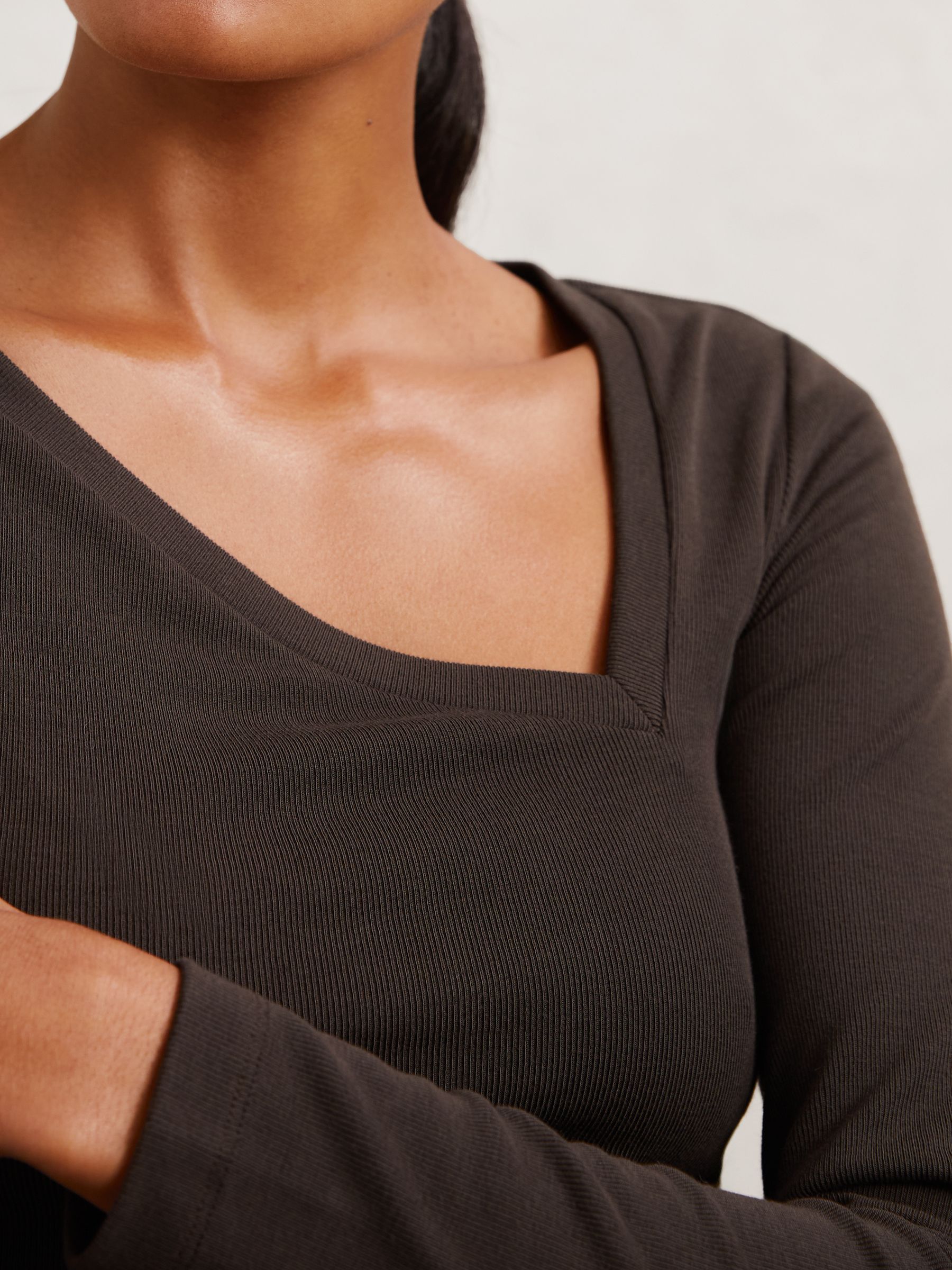 Stretch-Cotton Asymmetric-Neck Top in Chocolate Brown