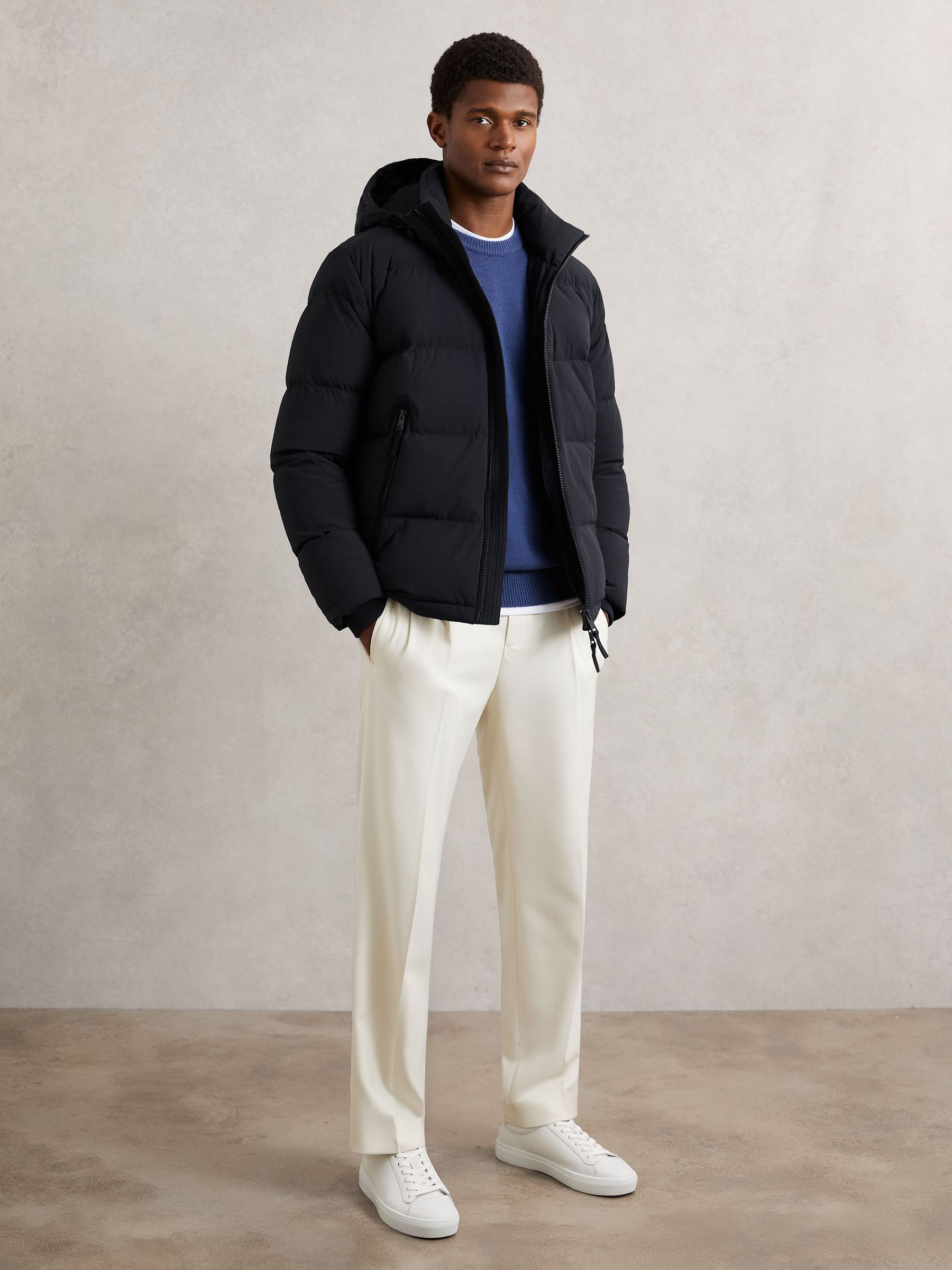 Quilted Zip-Through Puffer Jacket in Navy