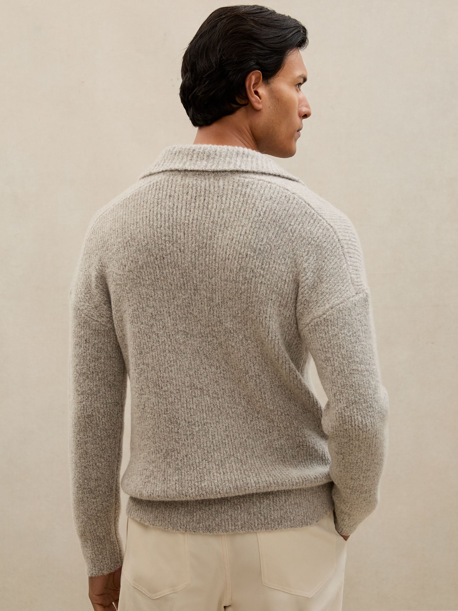 Cashmere-Blend Open-Collar Rib Jumper in Soft Grey Melange