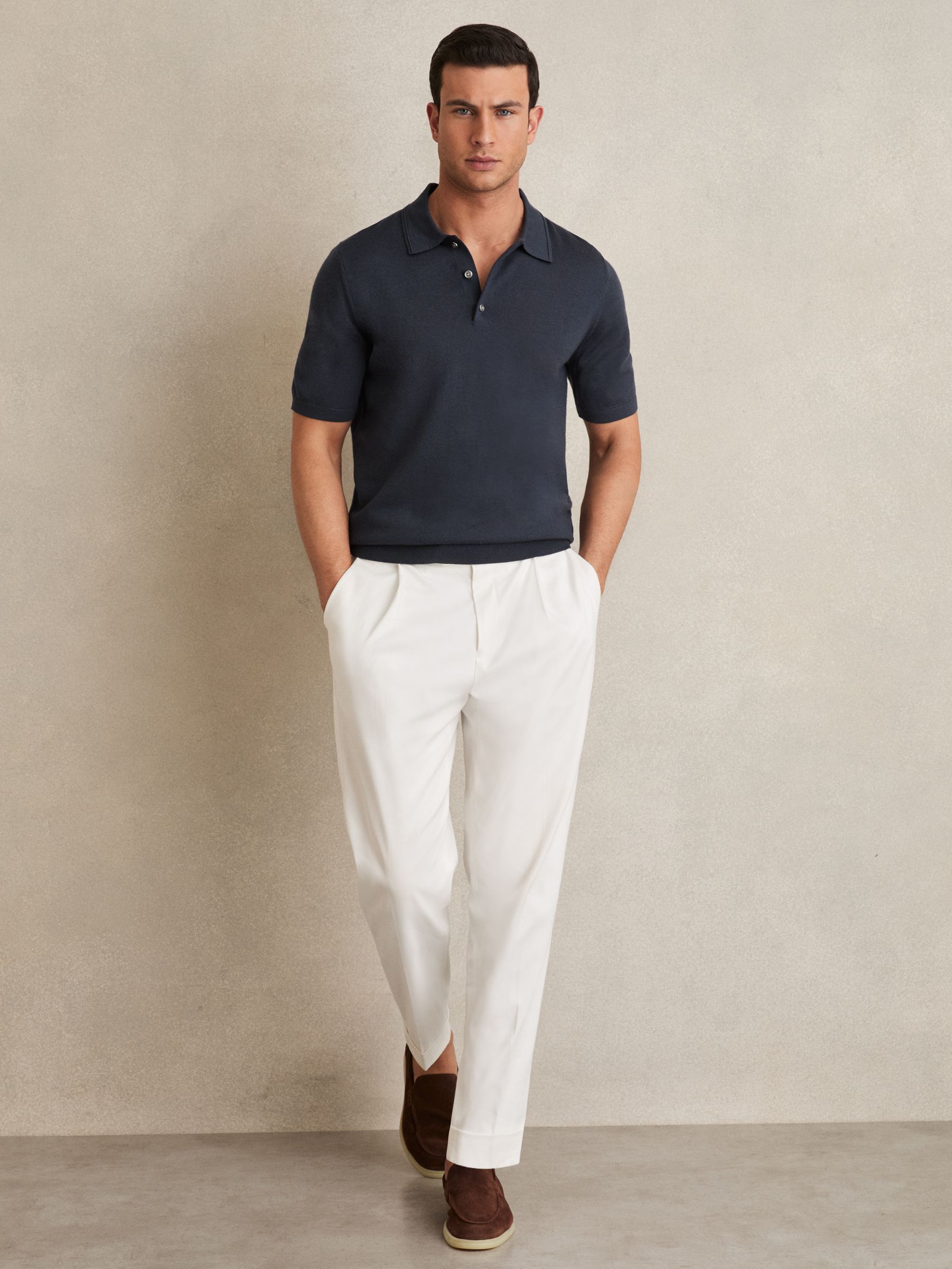 Merino Wool Short-Sleeve Polo Shirt in Midnight Navy
