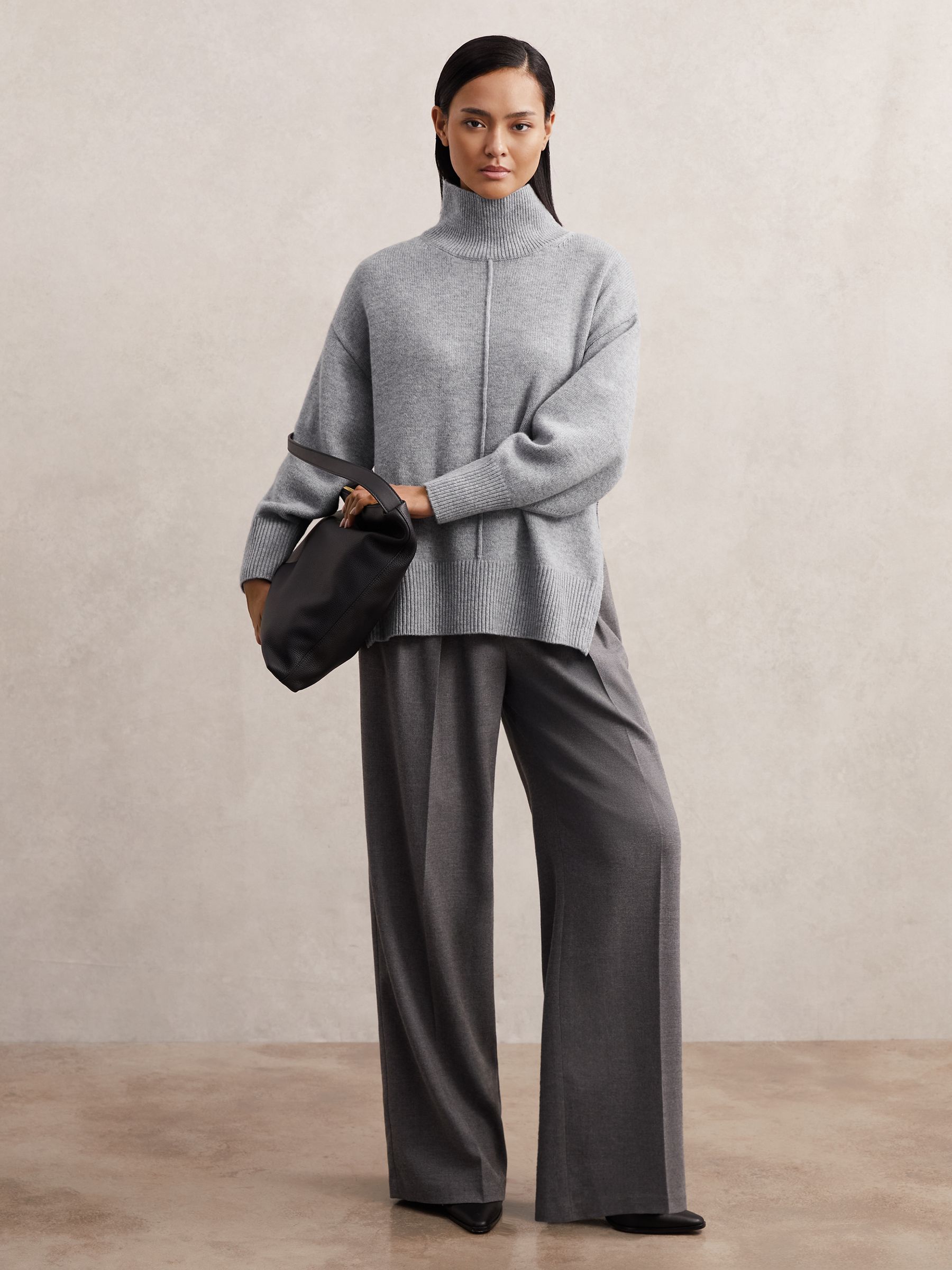 Wool Zip-Detail Funnel-Neck Jumper in Grey