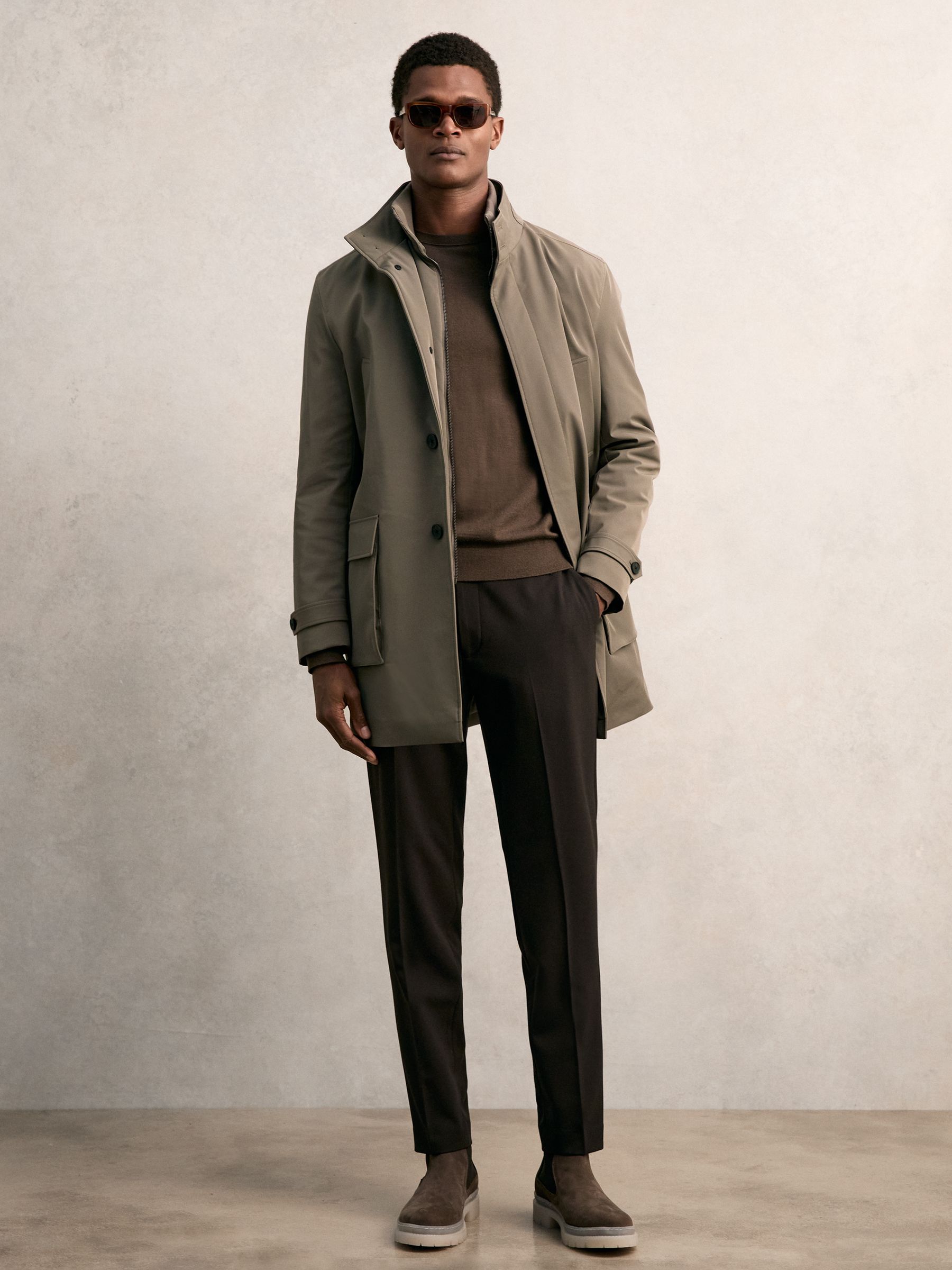 Hybrid Removable-Gilet Overcoat in Mushroom Brown