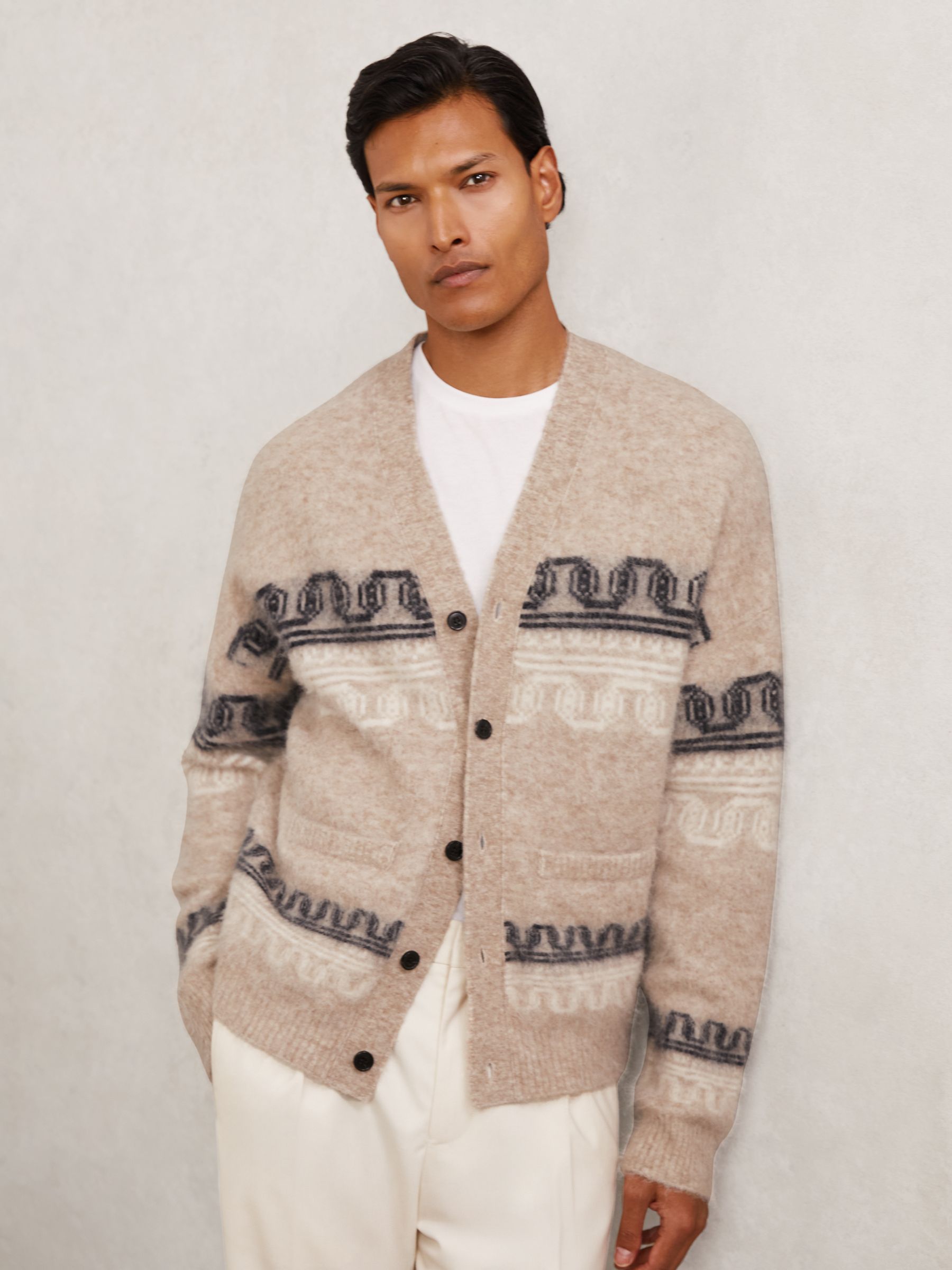 Alpaca Wool-Blend Fair Isle Cardigan in Oatmeal