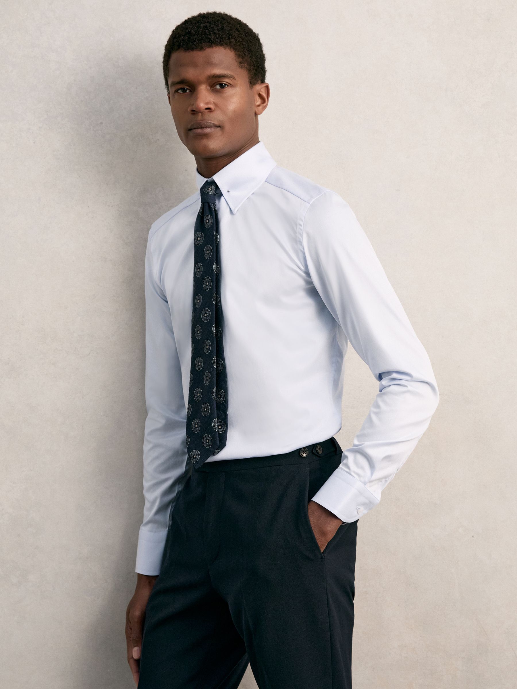 Slim Fit Cotton Pin Collar Shirt in Soft Blue