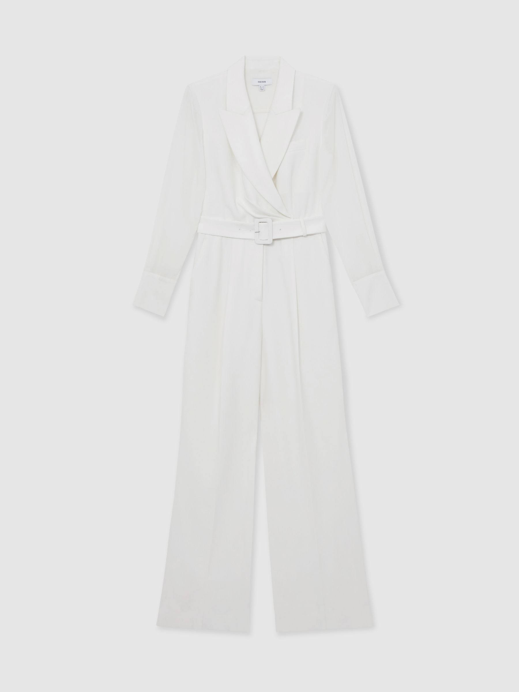 Sheer-Sleeve Wide-Leg Tuxedo Jumpsuit in Ivory
