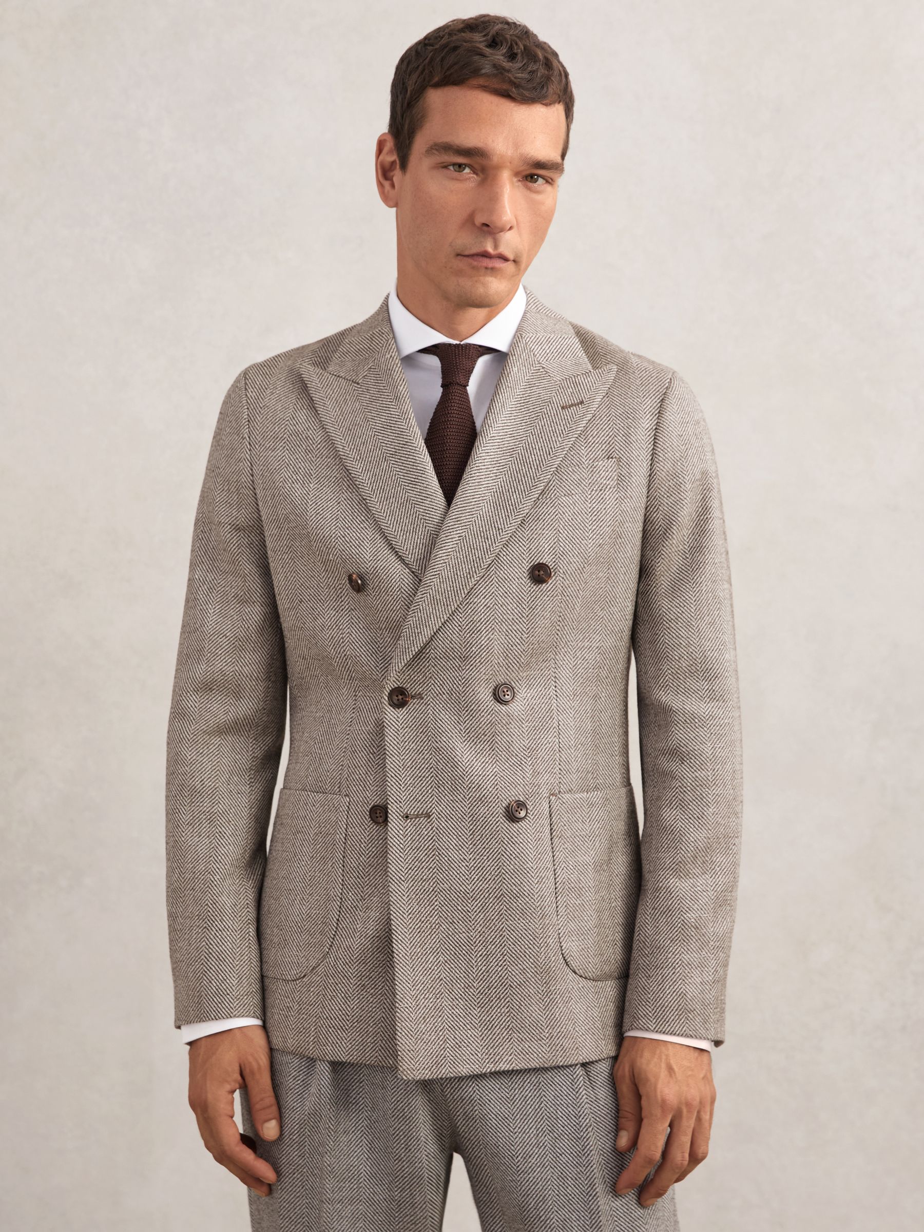 Double-Breasted Herringbone Blazer Slim-Fit Wool-Blend in Brown