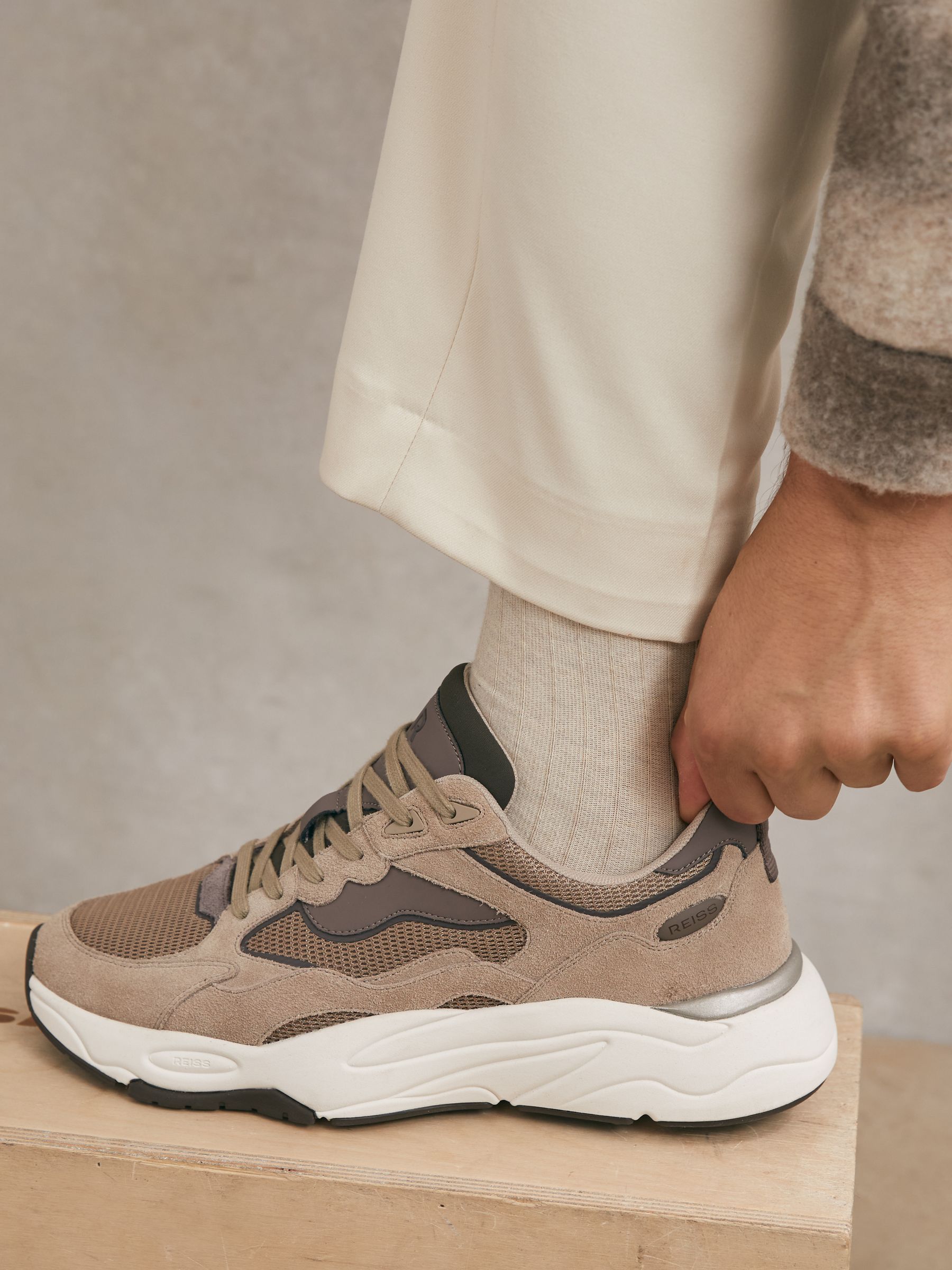 Chunky-Sole Panelled Runner Trainers in Taupe Brown