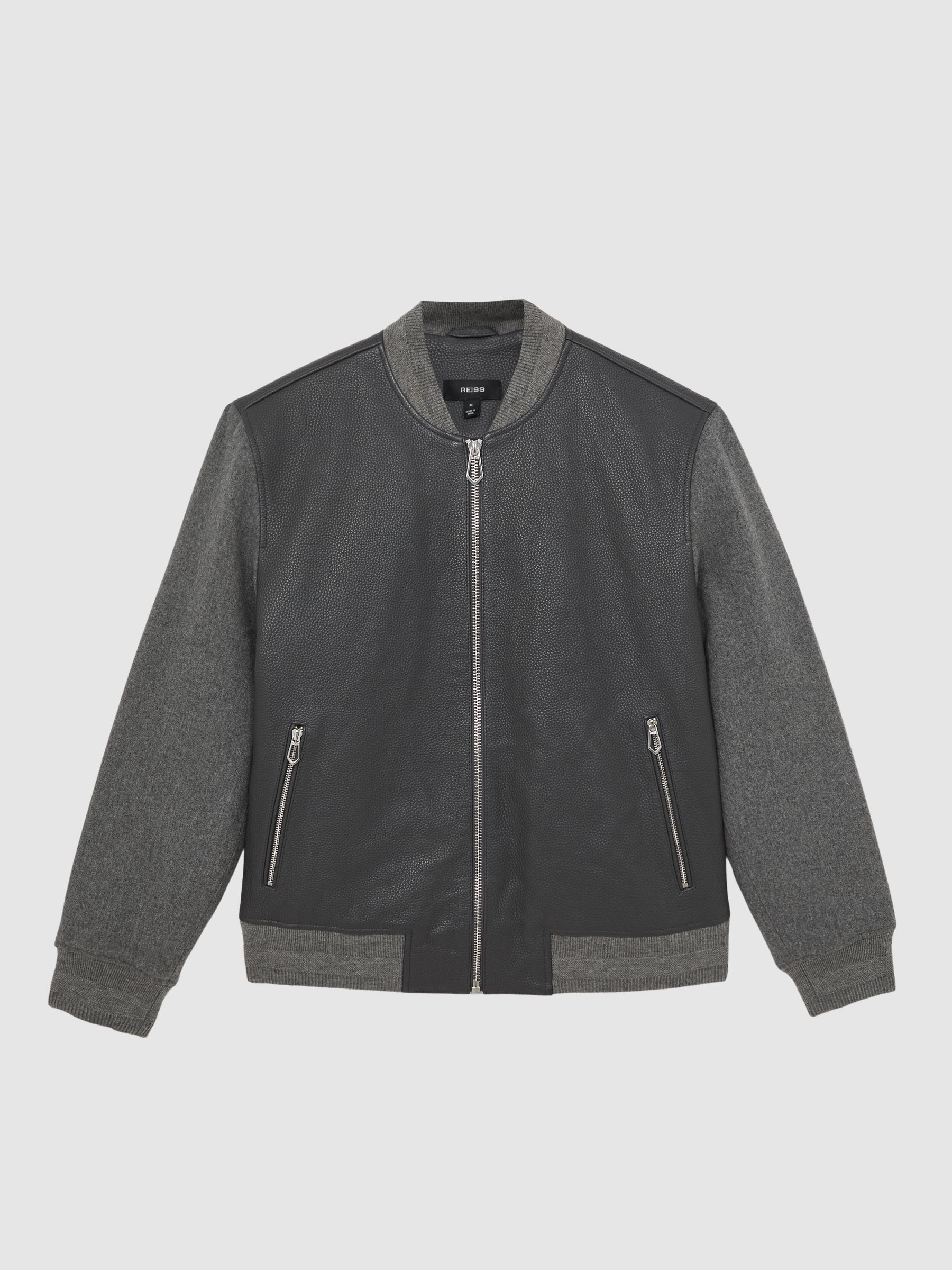 Leather Contrast-Sleeve Bomber Jacket in Grey
