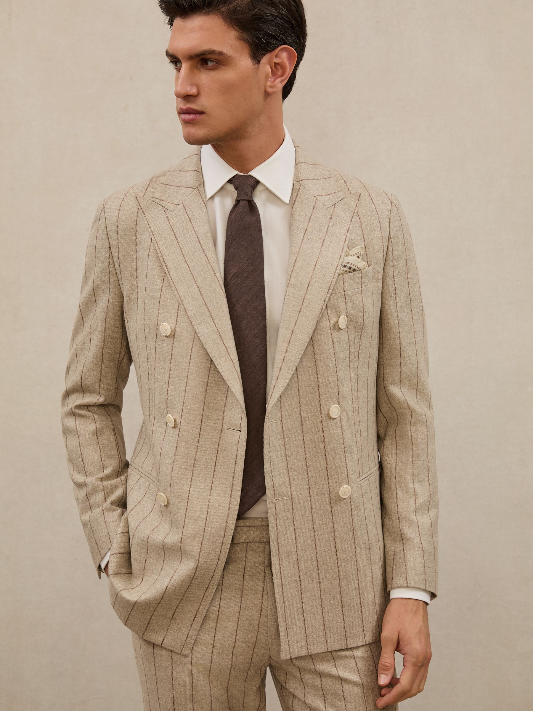 Atelier Wool Double-Breasted Blazer Pinstripe Tailored-Fit in Mocha Brown