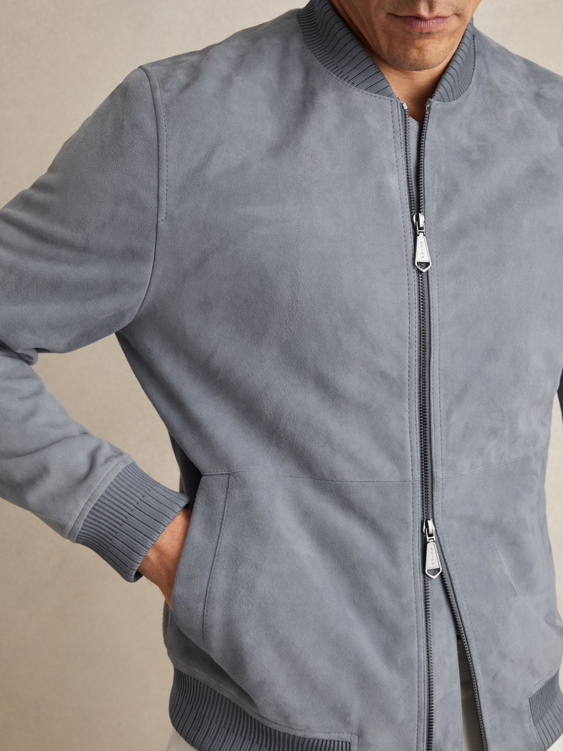 Suede Zip-Through Bomber Jacket in Denim Blue