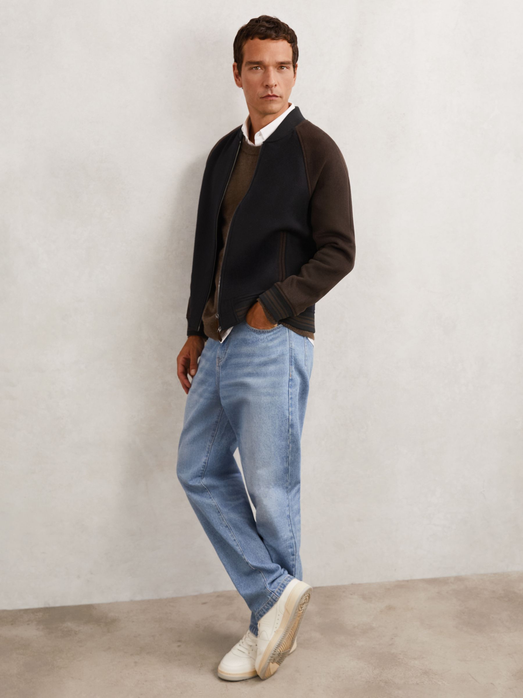 Wool-Blend Colour-Block Bomber Jacket in Navy/Brown