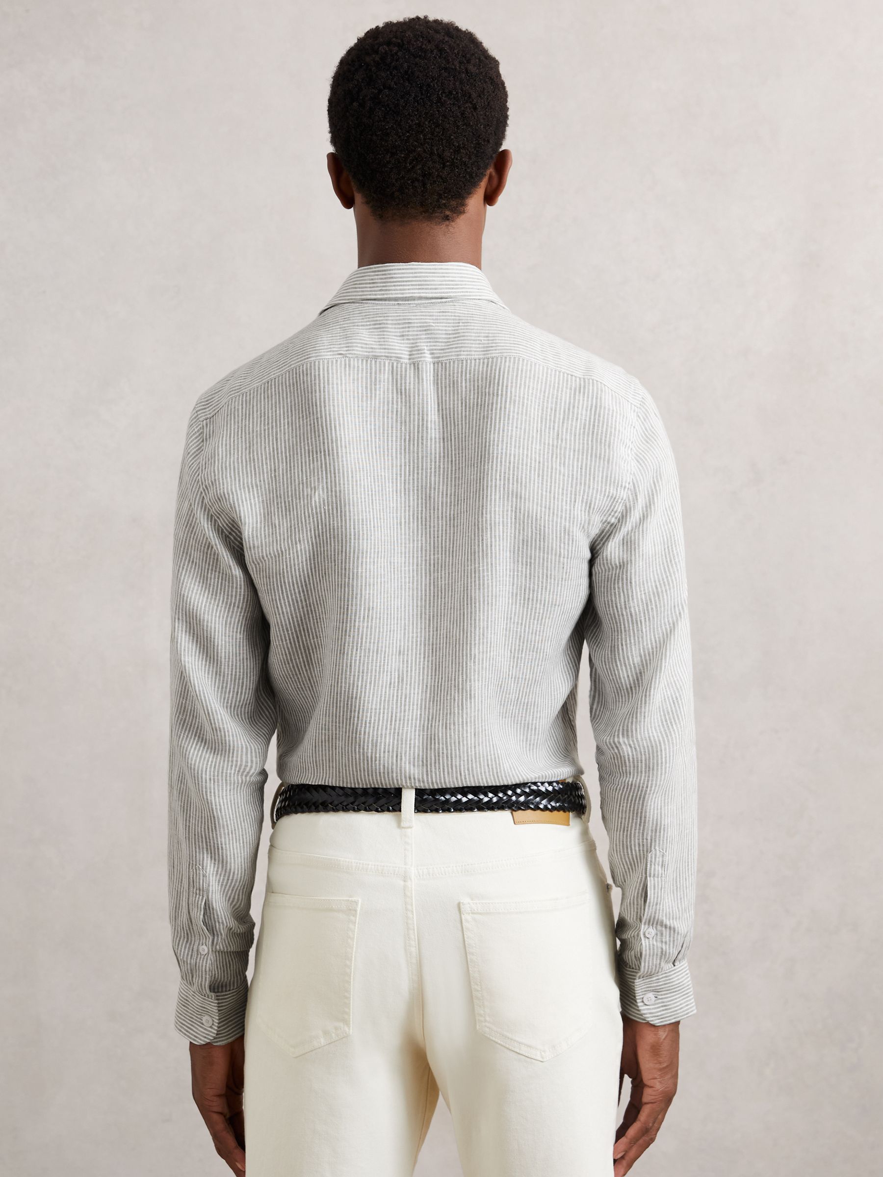 Linen Stripe Long-Sleeve Shirt in White/Thyme Green