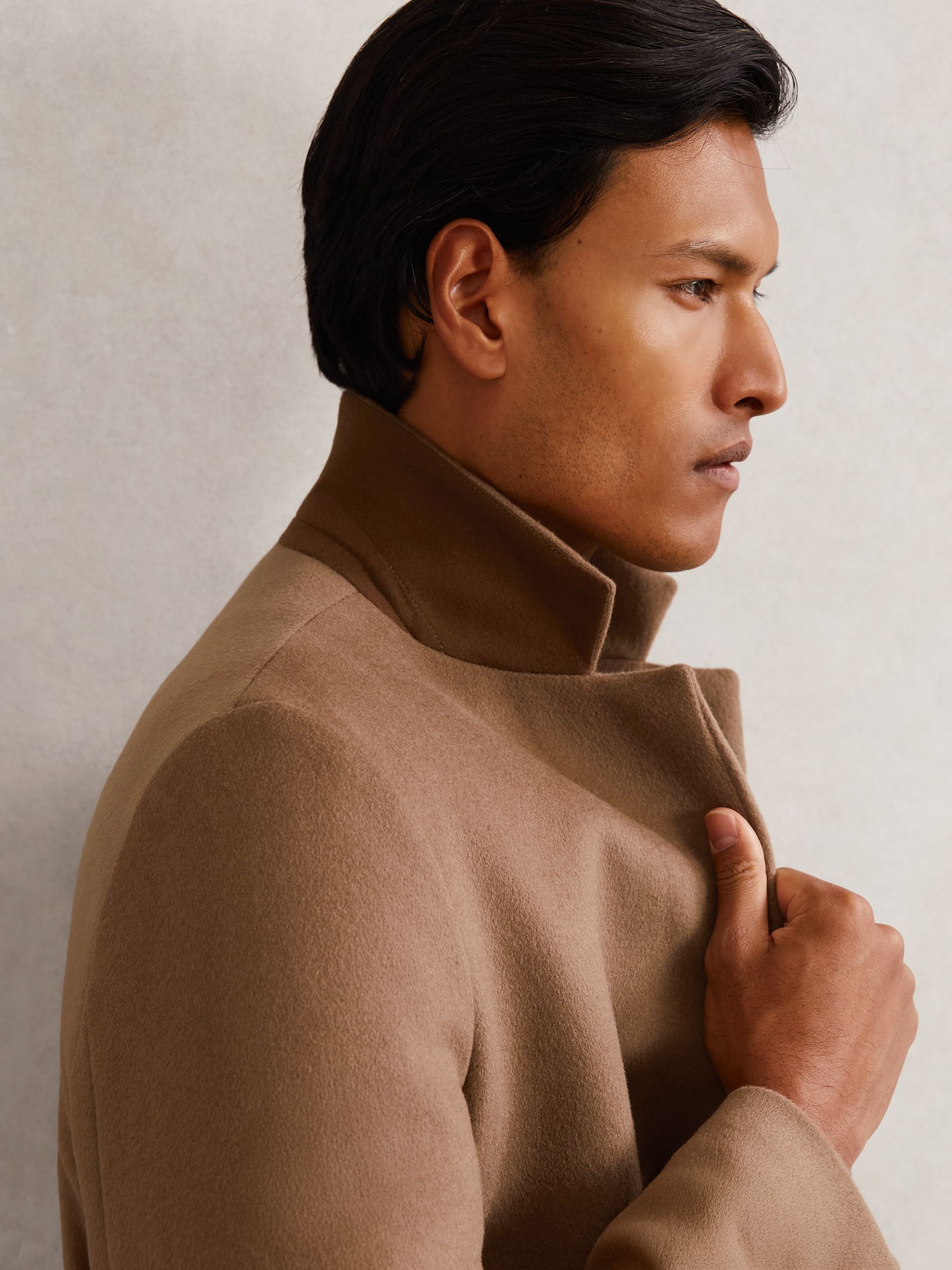 Wool-Blend Internal-Gilet Overcoat in Light Brown