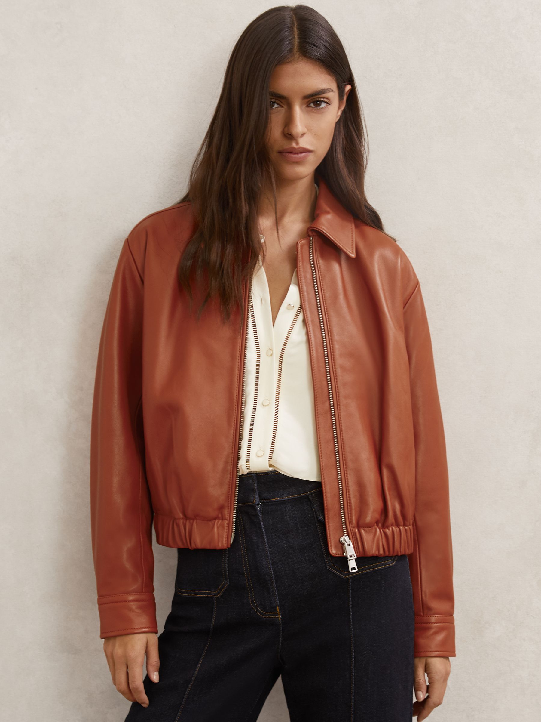 Leather Cropped Bomber Jacket in Tan