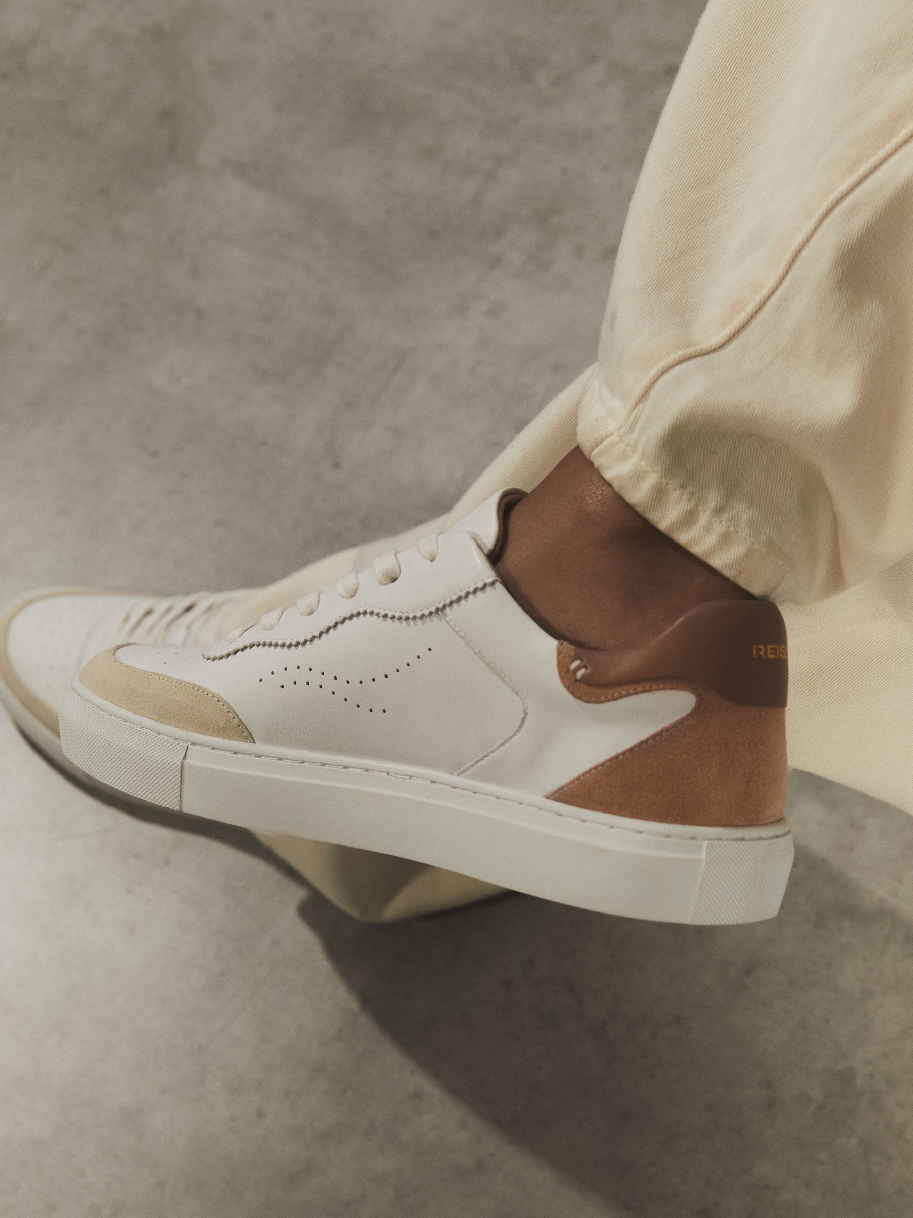 Leather Contrast Detail Trainers in White/Nude