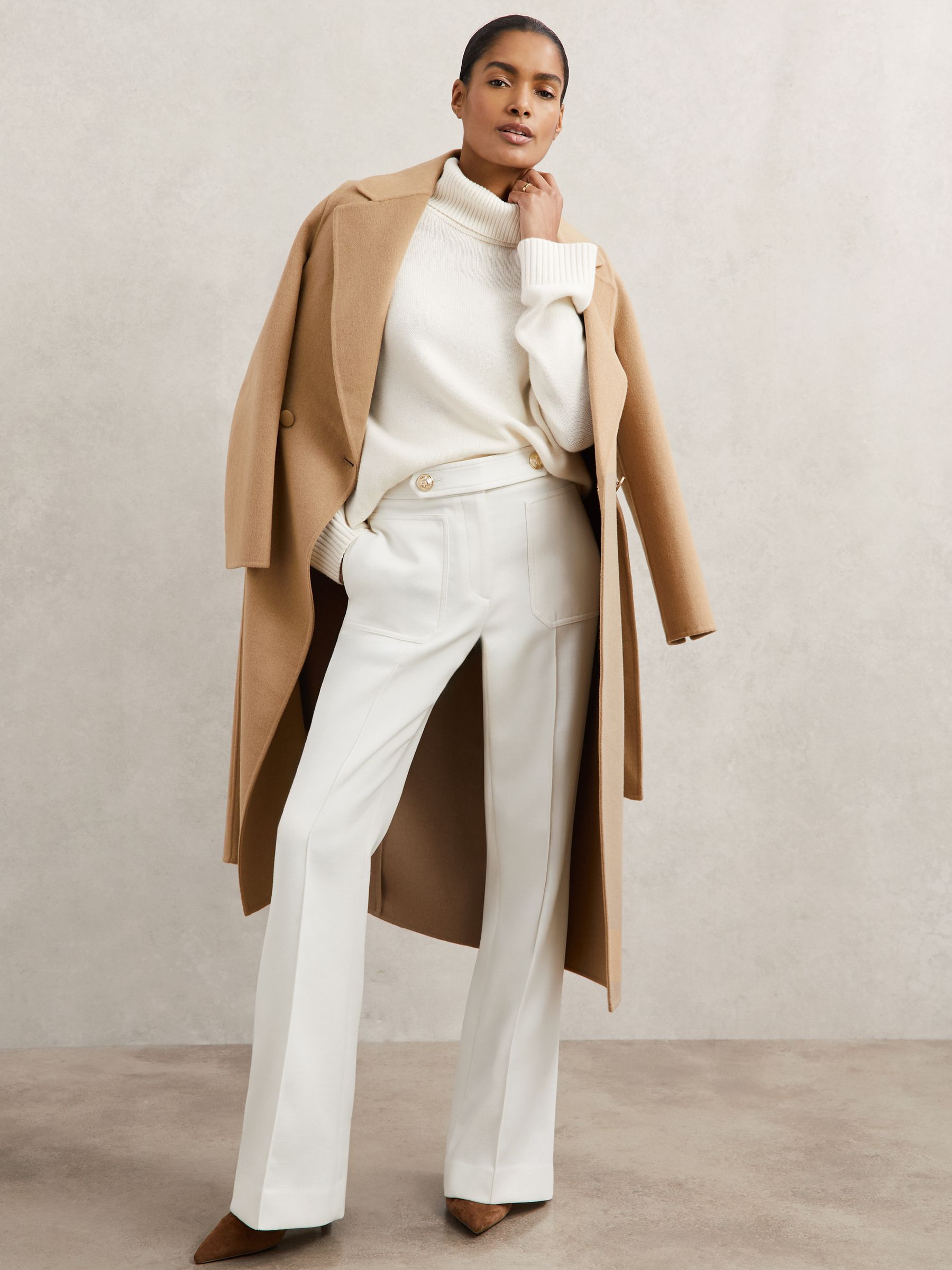 Twill Button-Tab Flared Trousers With Wool in White