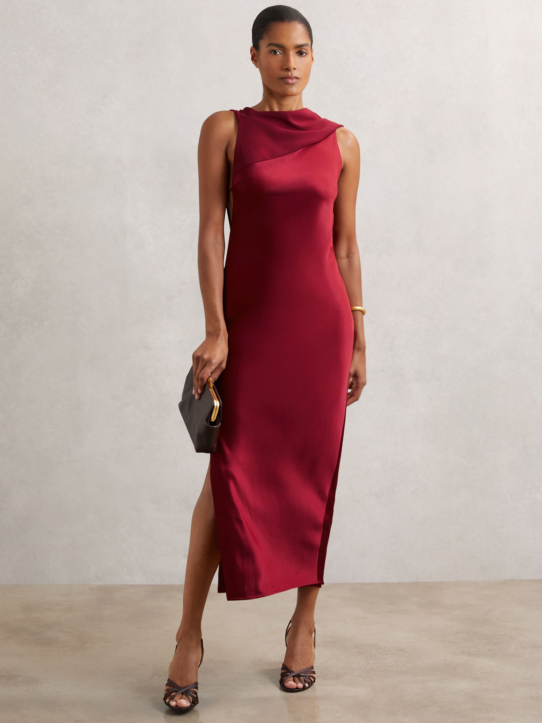 Petite Satin Draped Open-Back Dress in Red