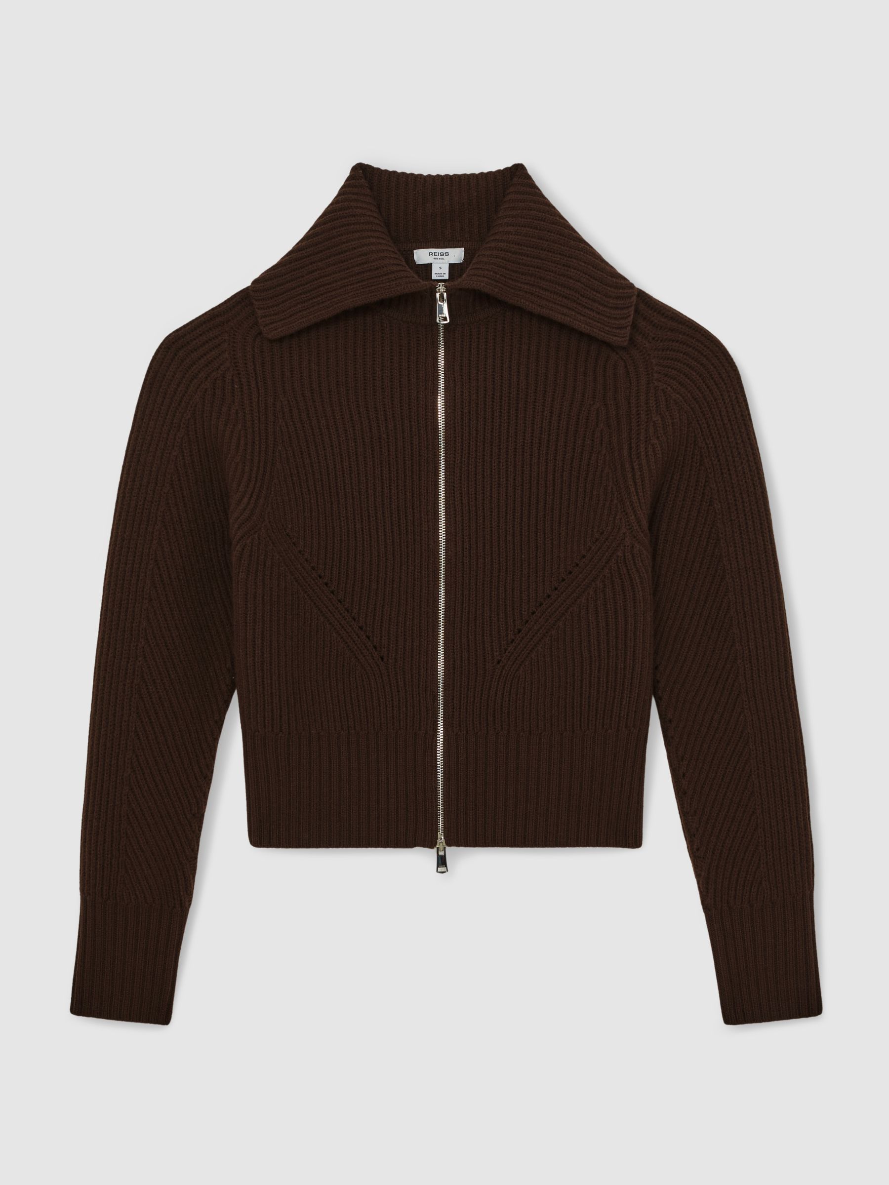 Wool Zip-Through Rib-Knit Cardigan in Chocolate Brown