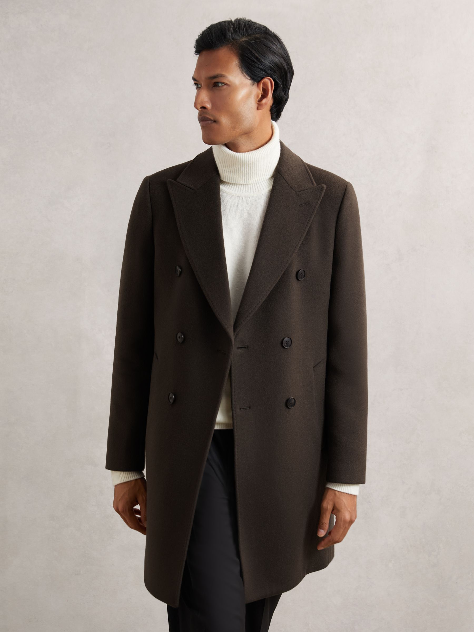 Wool-Blend Double-Breasted Overcoat in Dark Khaki Green