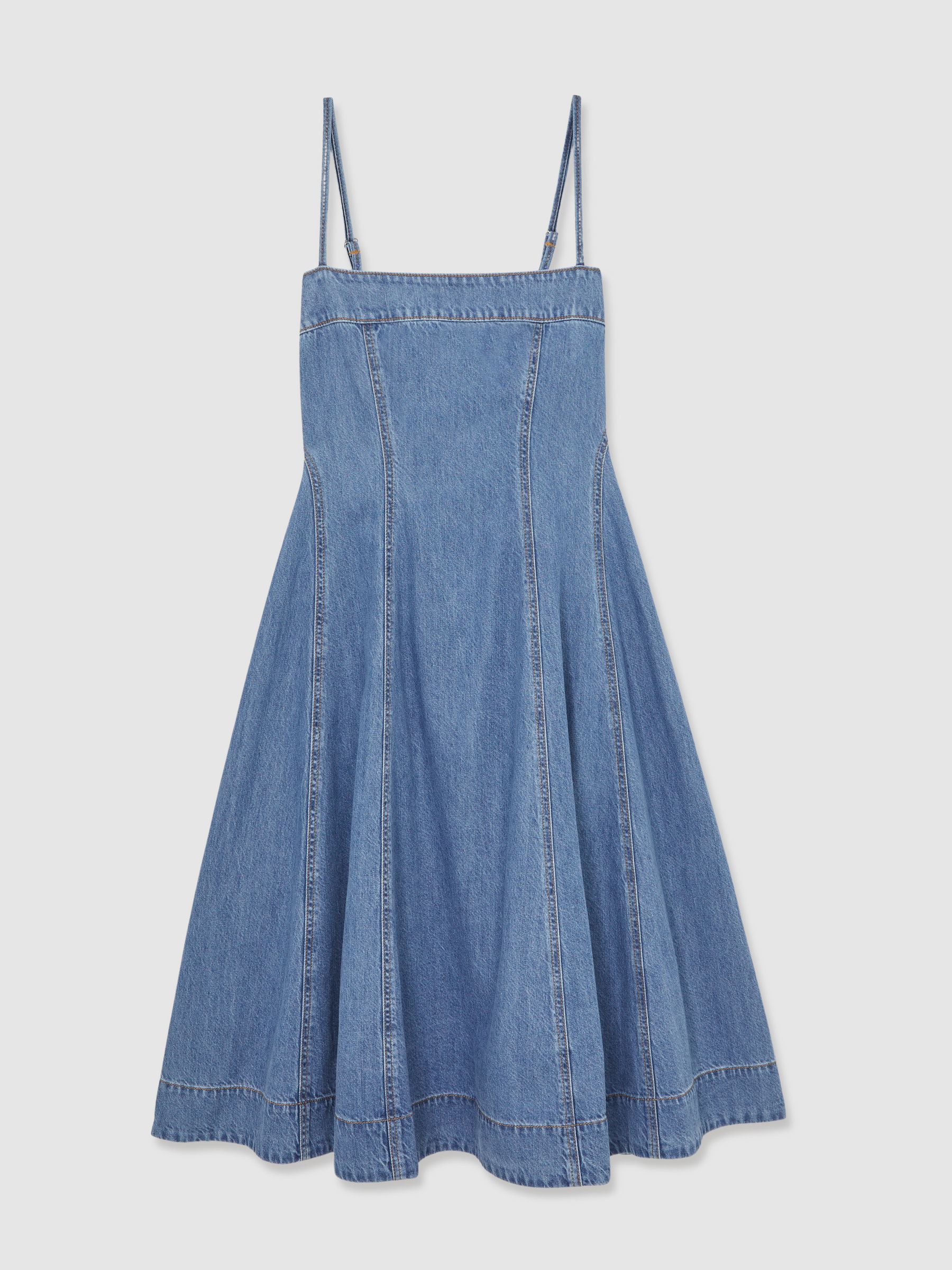 Paige Flared Denim Midi Dress in Light Blue