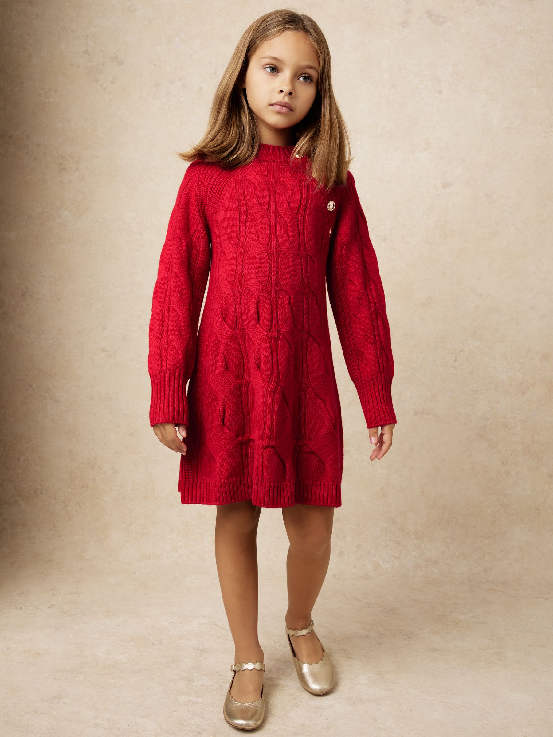 Wool Cable-Knit Dress in Red