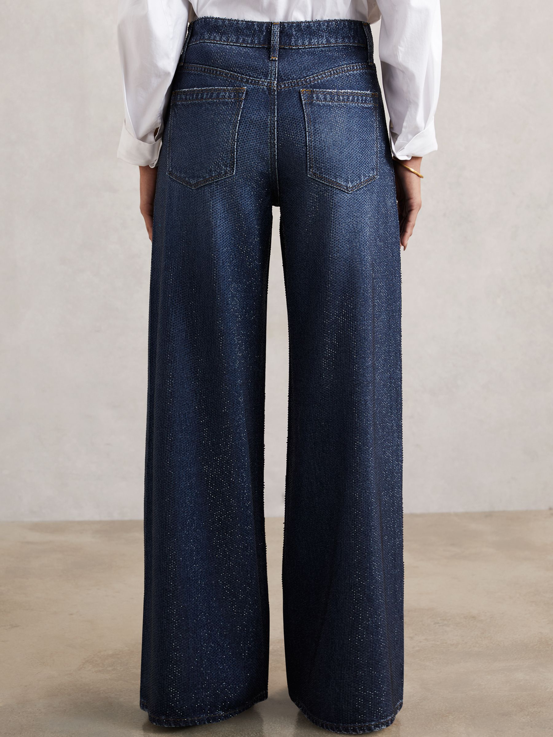 Petite Wide-Leg Crystal-Embellished Jeans in Dark Blue