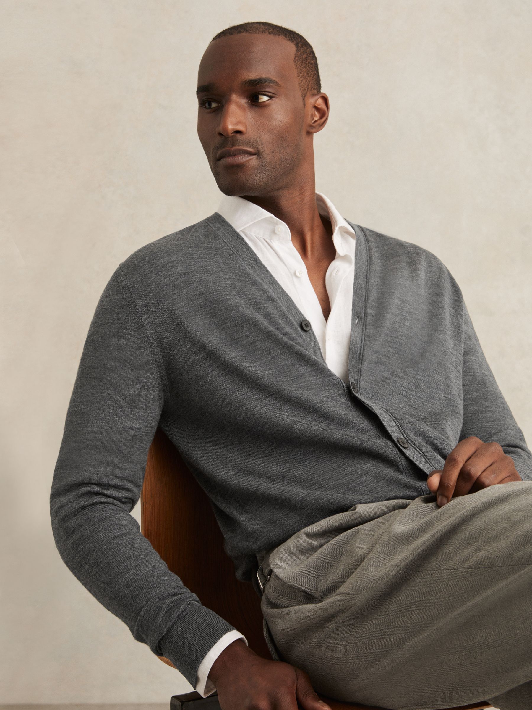 Merino Wool Button-Through Cardigan in Derby Grey Melange