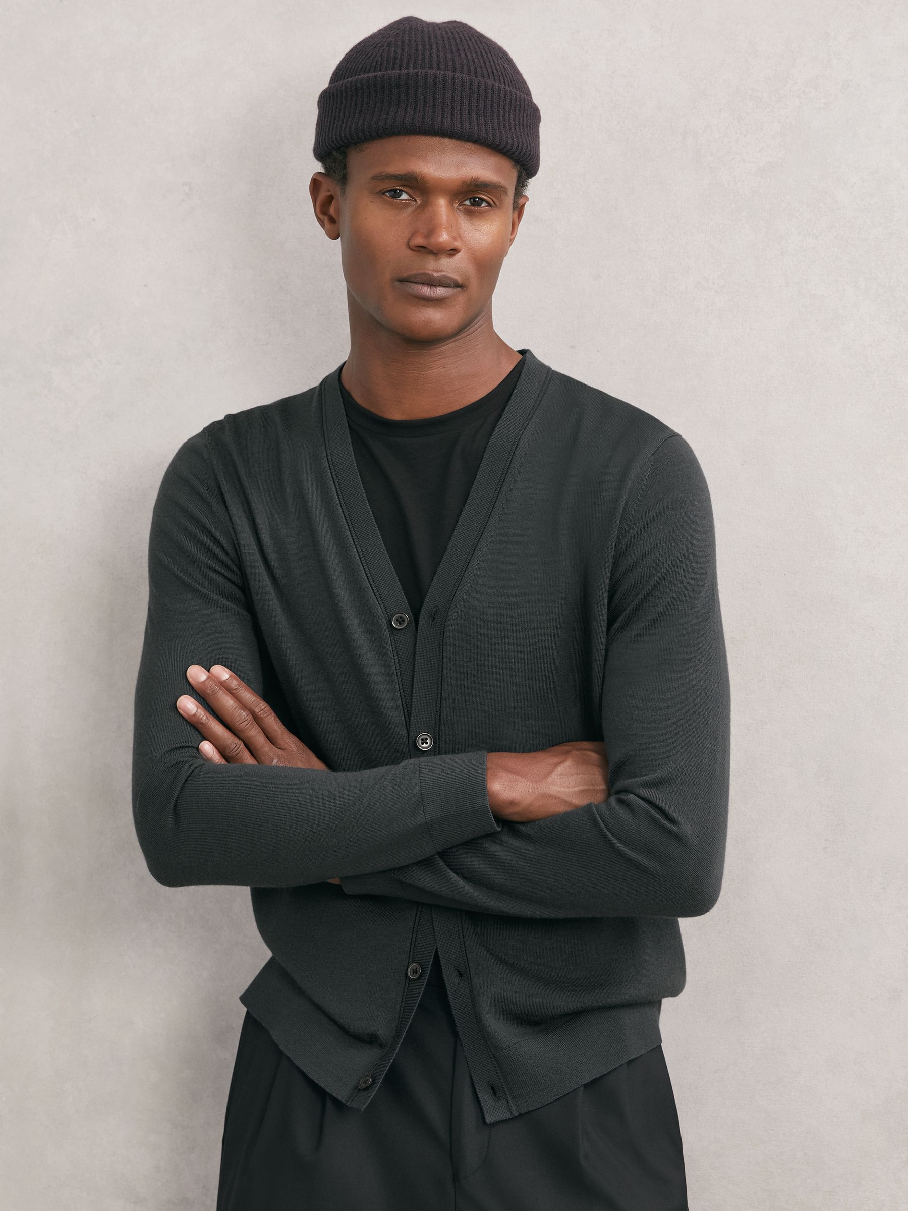 Merino Wool Button-Through Cardigan in Bottle Green