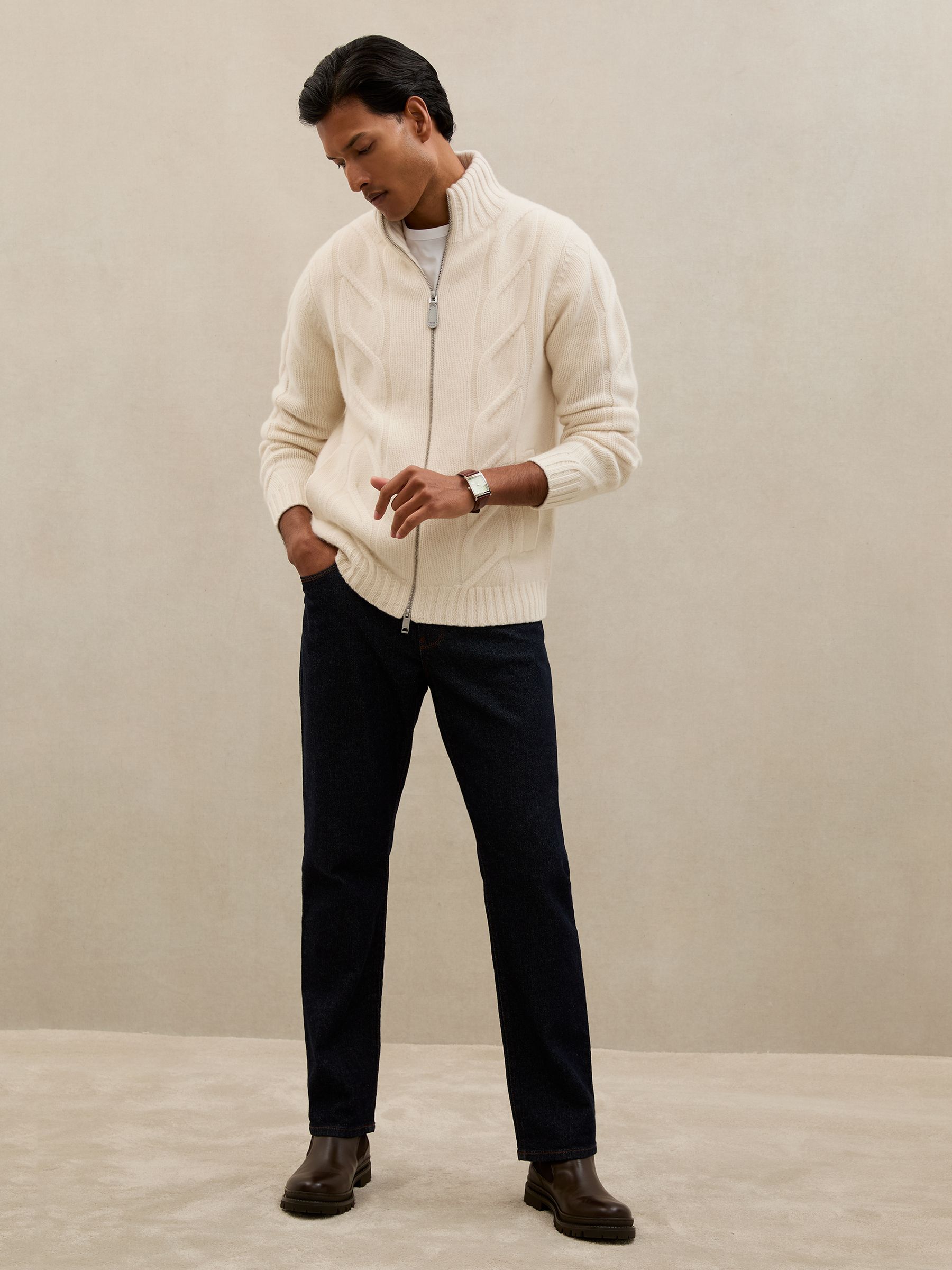 Atelier 100% Cashmere Cable Cardigan in Ivory White