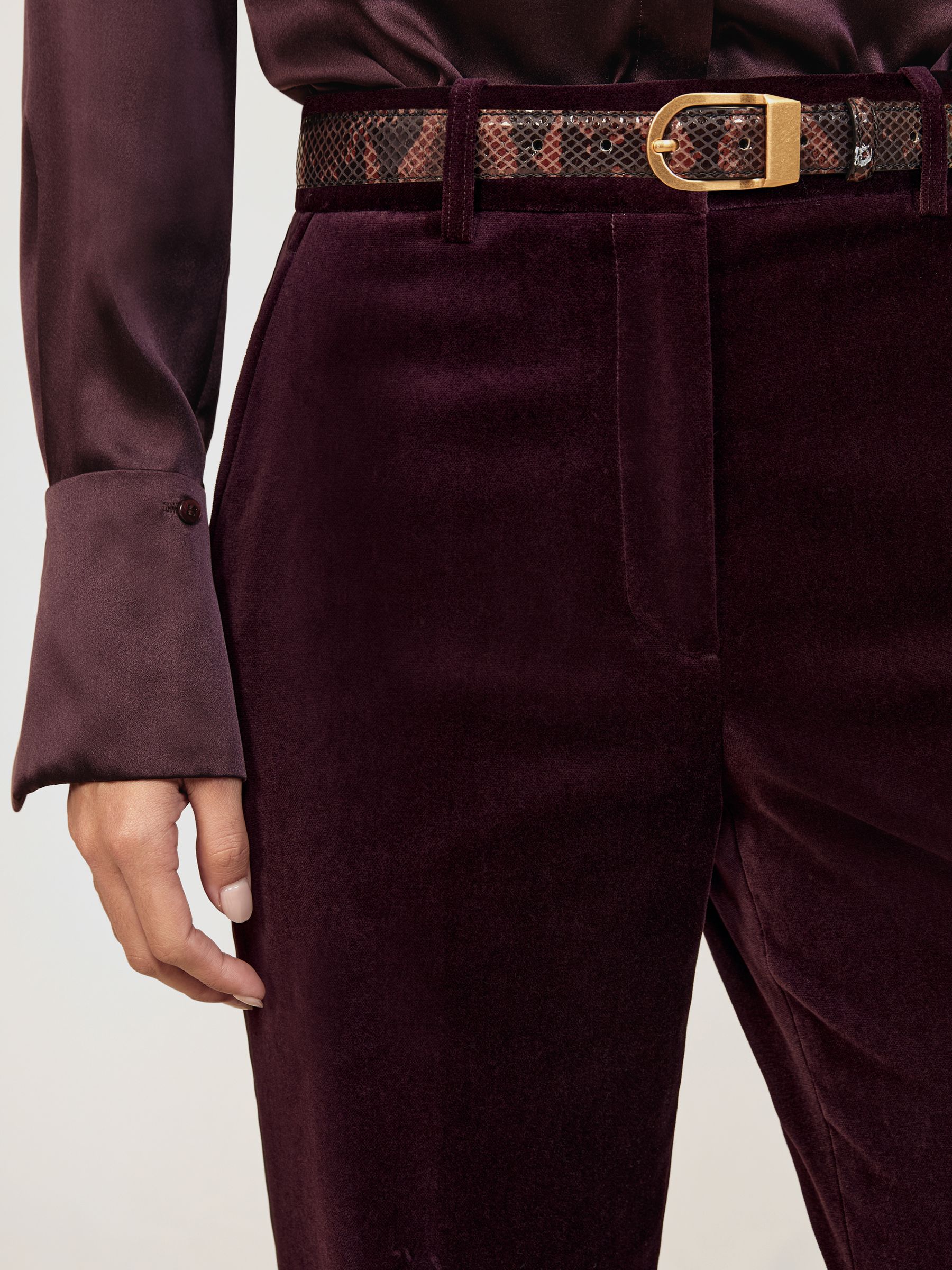 Petite Velvet Tuxedo-Stripe Flared Trousers in Burgundy