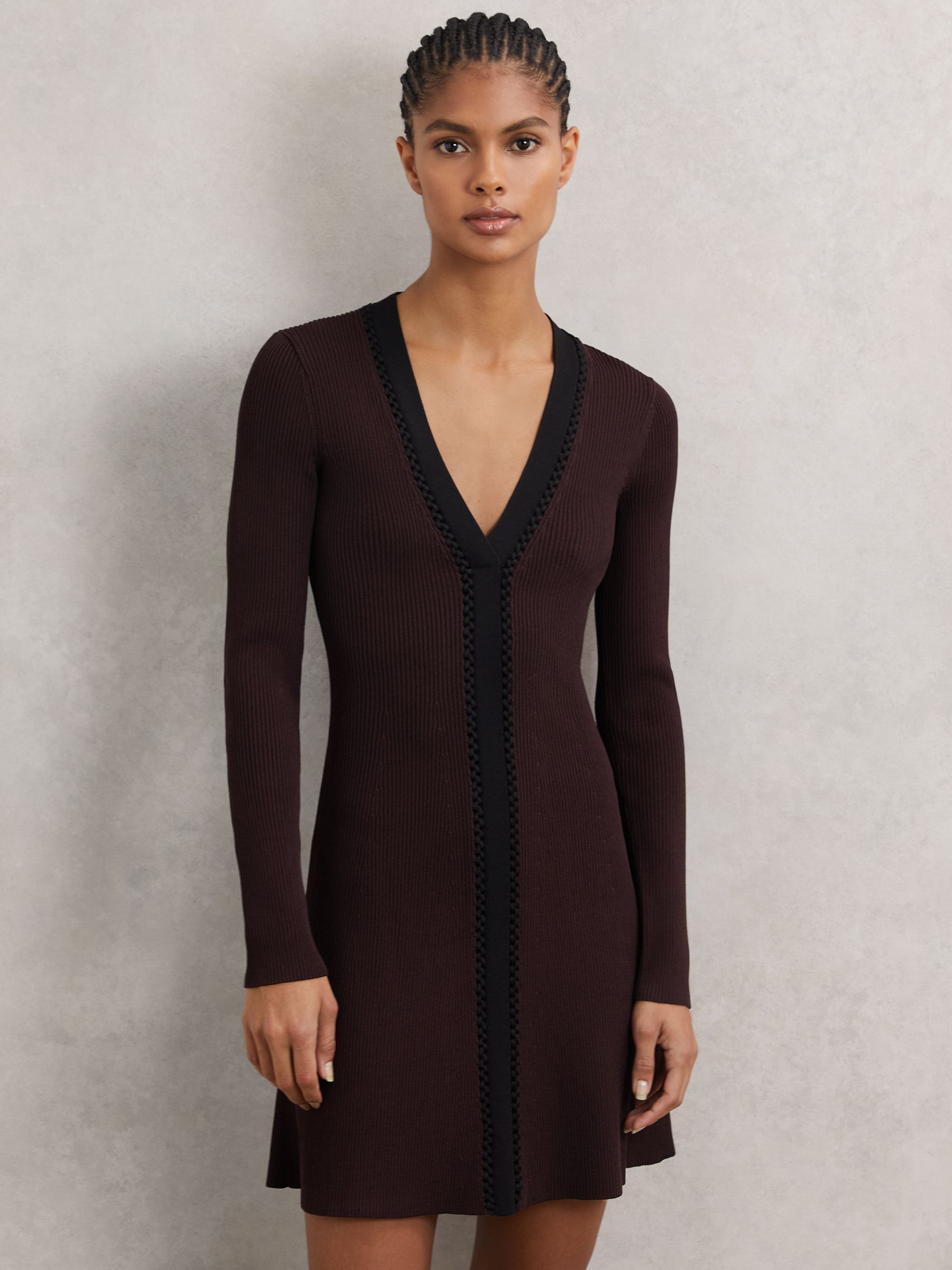 Craft-Stitch Rib-Knit Mini Dress in Burgundy/Black