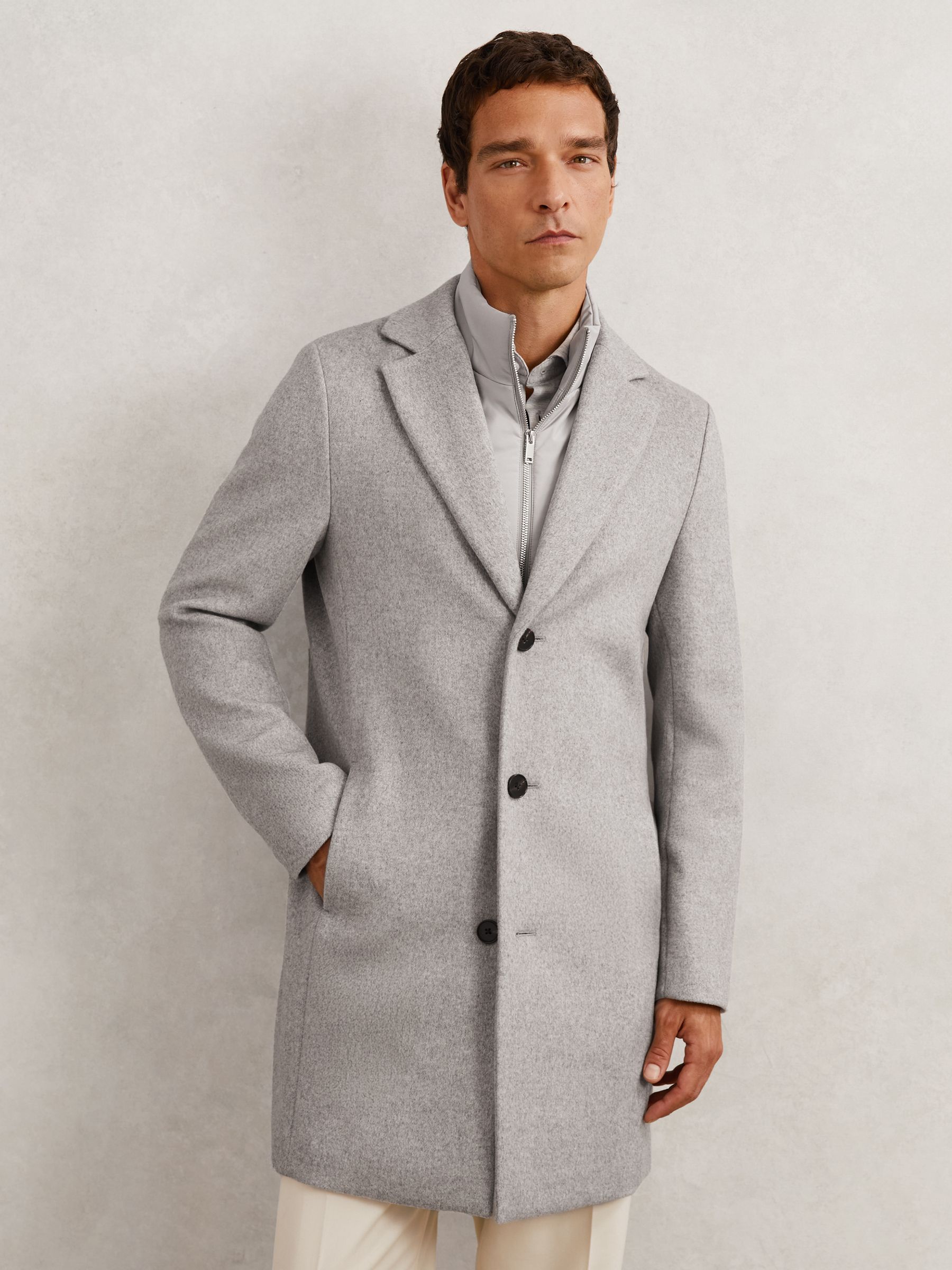 Wool-Blend Internal-Gilet Overcoat in Soft Grey