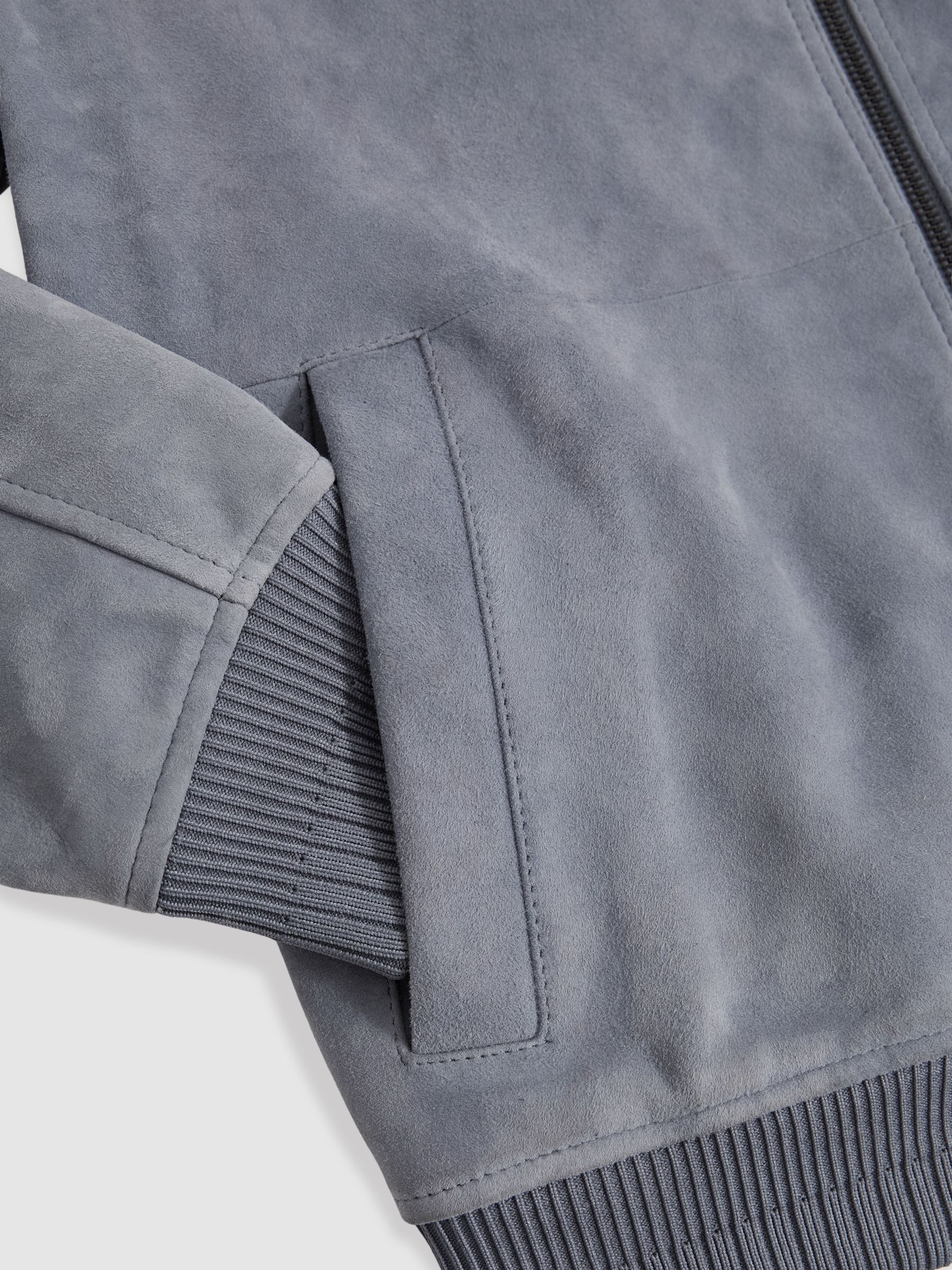 Suede Zip-Through Bomber Jacket in Denim Blue